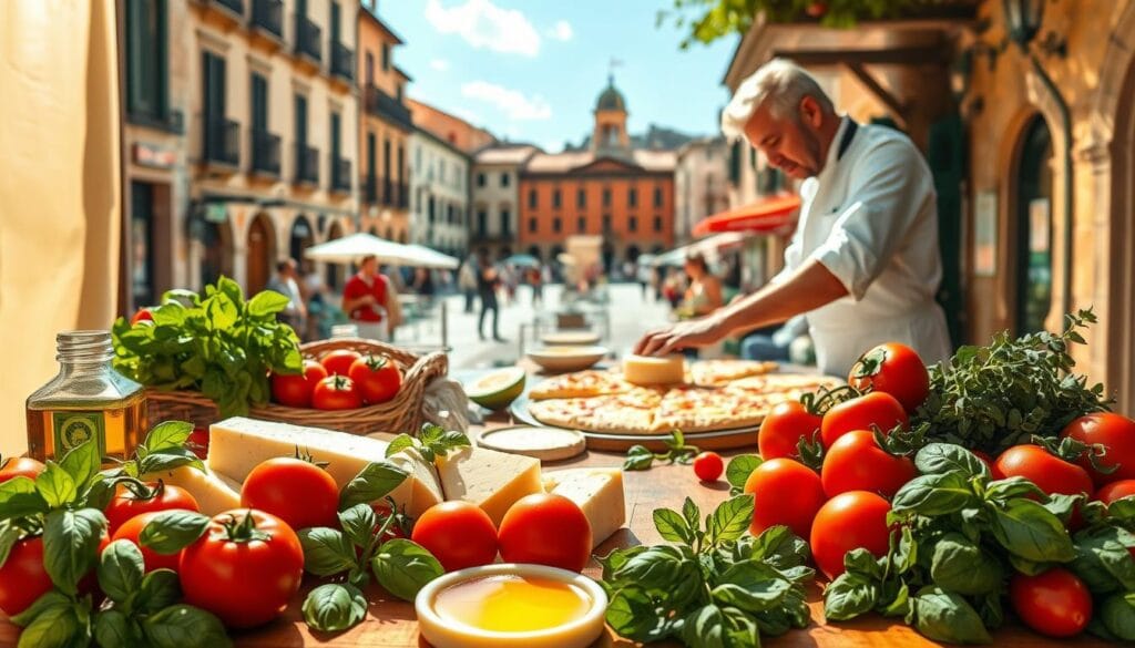 A lush, vibrant scene depicting the iconic ingredients and culinary traditions of Italy. In the foreground, a table overflows with a bounty of fresh produce - ripe tomatoes, fragrant basil, glistening olive oil, and wedges of parmigiano-reggiano. In the middle ground, a skilled chef kneads dough, shaping it into perfect rounds for authentic Neapolitan pizza. The background reveals a sun-drenched piazza, flanked by historic buildings and bustling with locals enjoying the flavors of their region. Warm, golden lighting casts a welcoming glow, capturing the spirit of Italy's bountiful culinary heritage and its deep connection to the land. A lush, vibrant scene depicting the iconic ingredients and culinary traditions of Italy. In the foreground, a table overflows with a bounty of fresh produce - ripe tomatoes, fragrant basil, glistening olive oil, and wedges of parmigiano-reggiano. In the middle ground, a skilled chef kneads dough, shaping it into perfect rounds for authentic Neapolitan pizza. The background reveals a sun-drenched piazza, flanked by historic buildings and bustling with locals enjoying the flavors of their region. Warm, golden lighting casts a welcoming glow, capturing the spirit of Italy's bountiful culinary heritage and its deep connection to the land.