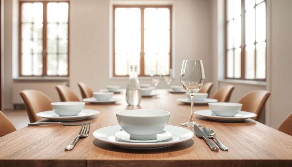 A modern Italian table set with a minimalist, clean aesthetic. In the foreground, a sleek, rectangular wooden table with a smooth, polished finish. Atop the table, simple white ceramic dishware, including plates, bowls, and a water carafe. In the middle ground, modern stainless-steel flatware and wine glasses with a subtle, angular design. The background features a bright, airy space with large windows allowing natural light to pour in, illuminating the table setting. The walls are painted in a soft, neutral color palette, complementing the natural wood tones. The overall mood is one of understated elegance and contemporary Italian style. A modern Italian table set with a minimalist, clean aesthetic. In the foreground, a sleek, rectangular wooden table with a smooth, polished finish. Atop the table, simple white ceramic dishware, including plates, bowls, and a water carafe. In the middle ground, modern stainless-steel flatware and wine glasses with a subtle, angular design. The background features a bright, airy space with large windows allowing natural light to pour in, illuminating the table setting. The walls are painted in a soft, neutral color palette, complementing the natural wood tones. The overall mood is one of understated elegance and contemporary Italian style.