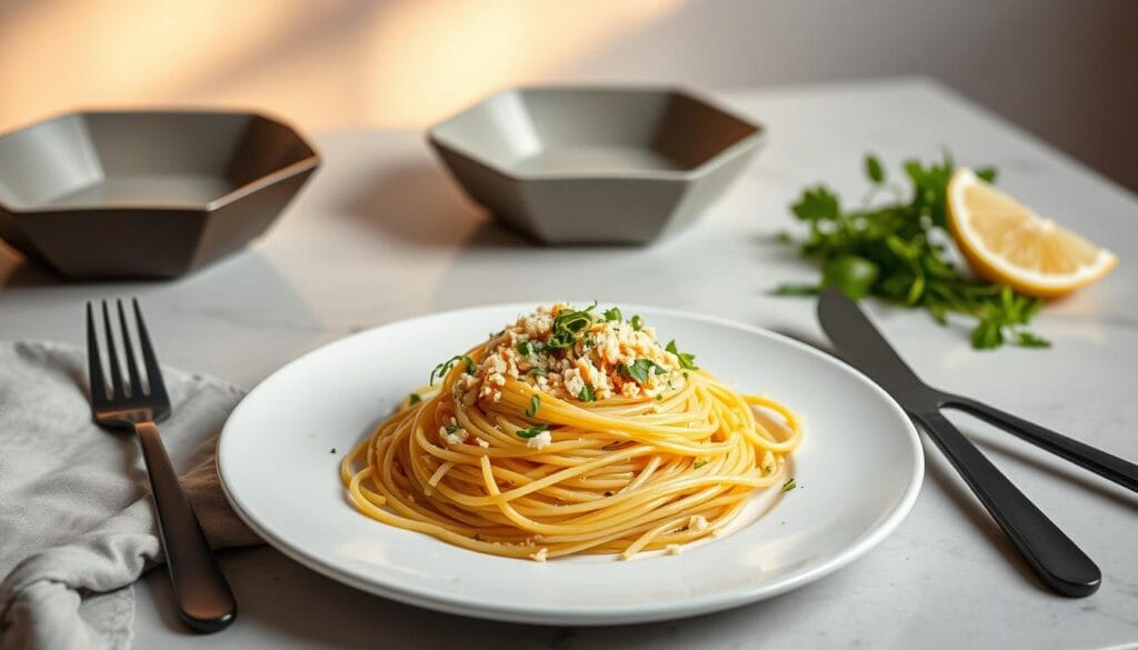 A modern take on the classic Italian dish, Spaghetti con la Bottarga. In the foreground, a plate of al dente spaghetti topped with grated bottarga, a delicacy of salted, dried mullet roe. Vibrant green herbs and a zesty lemon wedge add a fresh, contemporary twist. The middle ground features a sleek, minimalist table setting with geometric ceramic plates and a modern, matte black fork and knife. In the background, a soft, diffused light illuminates the scene, creating a warm, inviting atmosphere. The overall composition exudes a sophisticated, yet approachable elegance, reflecting the fusion of tradition and modernity. A modern take on the classic Italian dish, Spaghetti con la Bottarga. In the foreground, a plate of al dente spaghetti topped with grated bottarga, a delicacy of salted, dried mullet roe. Vibrant green herbs and a zesty lemon wedge add a fresh, contemporary twist. The middle ground features a sleek, minimalist table setting with geometric ceramic plates and a modern, matte black fork and knife. In the background, a soft, diffused light illuminates the scene, creating a warm, inviting atmosphere. The overall composition exudes a sophisticated, yet approachable elegance, reflecting the fusion of tradition and modernity.