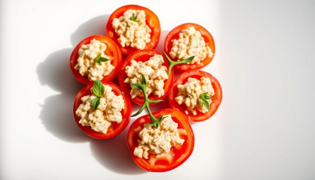 A neatly arranged composition of fresh, ripe tomatoes gently stuffed with a creamy, flavorful blend of Italian tuna and tangy mayonnaise. The tomatoes are delicately sliced open, revealing their savory filling, bathed in a soft, natural light that casts subtle shadows, emphasizing the dish's inviting texture and presentation. The scene is set against a simple, minimalist background, allowing the vibrant colors and textures of the ingredients to take center stage, creating a mouthwatering and visually appealing image that captures the essence of the "Chilling and Serving" section of the article. A neatly arranged composition of fresh, ripe tomatoes gently stuffed with a creamy, flavorful blend of Italian tuna and tangy mayonnaise. The tomatoes are delicately sliced open, revealing their savory filling, bathed in a soft, natural light that casts subtle shadows, emphasizing the dish's inviting texture and presentation. The scene is set against a simple, minimalist background, allowing the vibrant colors and textures of the ingredients to take center stage, creating a mouthwatering and visually appealing image that captures the essence of the "Chilling and Serving" section of the article.
