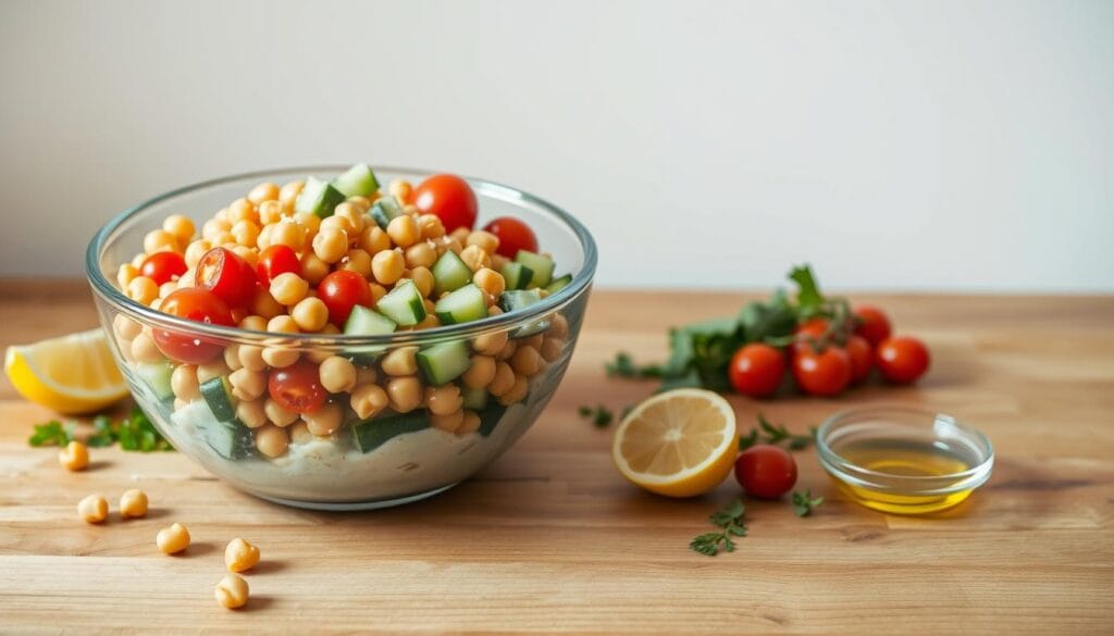 A simple no-cook chickpea salad preparation on a wooden table, captured in soft, natural lighting. In the foreground, a glass bowl filled with cooked chickpeas, diced cucumbers, cherry tomatoes, and a creamy dressing, ready to be tossed together. Surrounding the bowl, a few scattered ingredients like lemon wedges, fresh herbs, and a small dish of olive oil, creating a rustic, homemade atmosphere. The middle ground features a clean, uncluttered workspace, allowing the salad components to take center stage. In the background, a plain, white wall provides a clean, minimalist backdrop, emphasizing the simplicity and freshness of the dish. A simple no-cook chickpea salad preparation on a wooden table, captured in soft, natural lighting. In the foreground, a glass bowl filled with cooked chickpeas, diced cucumbers, cherry tomatoes, and a creamy dressing, ready to be tossed together. Surrounding the bowl, a few scattered ingredients like lemon wedges, fresh herbs, and a small dish of olive oil, creating a rustic, homemade atmosphere. The middle ground features a clean, uncluttered workspace, allowing the salad components to take center stage. In the background, a plain, white wall provides a clean, minimalist backdrop, emphasizing the simplicity and freshness of the dish.