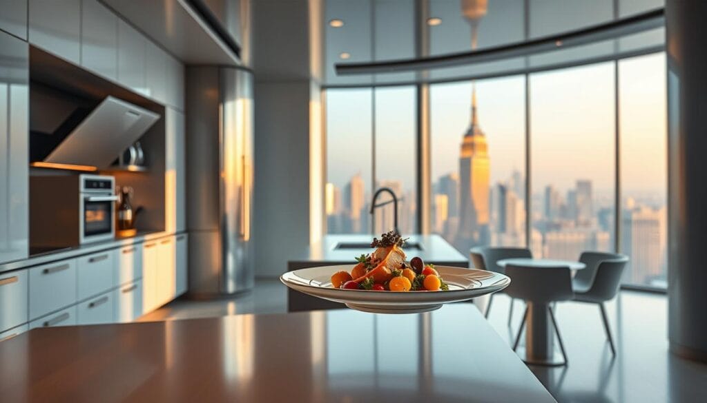A sleek, minimalist kitchen with a futuristic aesthetic. In the foreground, a plate on a suspended hoverboard serves a avant-garde culinary creation - a molecular gastronomy dish with unexpected flavor combinations, intricate textures, and vibrant colors. The middle ground features high-tech kitchen appliances and utensils in brushed metal and glass, their clean lines and glowing displays evoking a sense of technological innovation. In the background, expansive windows offer a panoramic view of a towering, gleaming metropolis bathed in warm, diffused lighting, symbolizing a harmonious blending of tradition and modernity. The overall mood is one of excitement and possibility, hinting at the transformative power of culinary creativity in the early 20th century. A sleek, minimalist kitchen with a futuristic aesthetic. In the foreground, a plate on a suspended hoverboard serves a avant-garde culinary creation - a molecular gastronomy dish with unexpected flavor combinations, intricate textures, and vibrant colors. The middle ground features high-tech kitchen appliances and utensils in brushed metal and glass, their clean lines and glowing displays evoking a sense of technological innovation. In the background, expansive windows offer a panoramic view of a towering, gleaming metropolis bathed in warm, diffused lighting, symbolizing a harmonious blending of tradition and modernity. The overall mood is one of excitement and possibility, hinting at the transformative power of culinary creativity in the early 20th century.