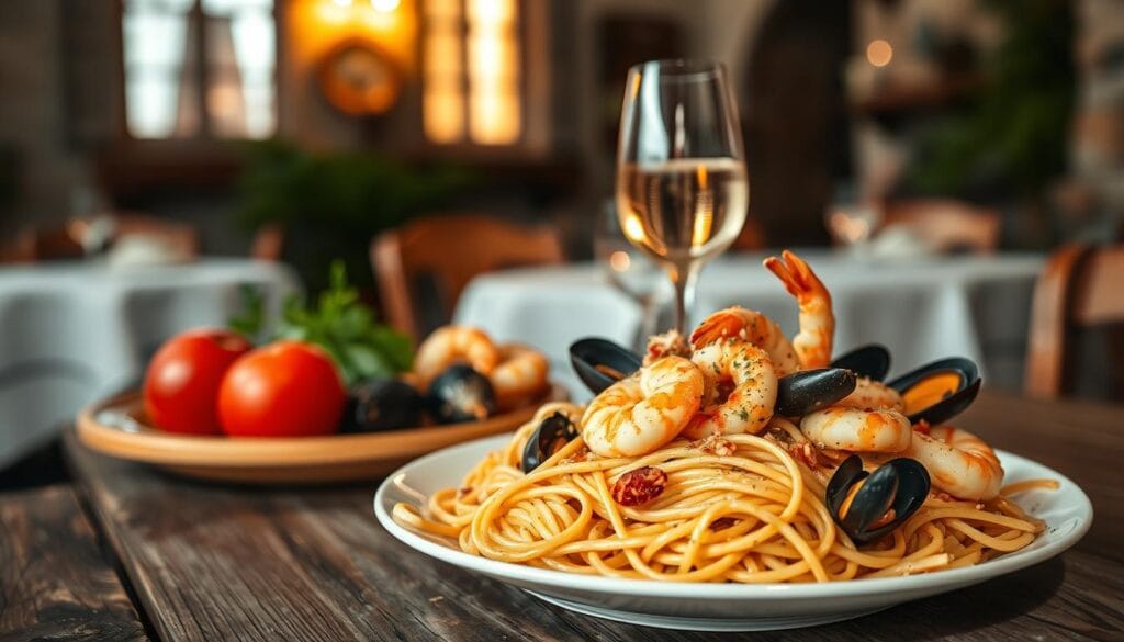 A sumptuous Italian seafood pasta dish, served on a rustic wooden table. In the foreground, a plate of al dente spaghetti is adorned with plump shrimp, tender calamari, and delicate mussels, all tossed in a rich, creamy sauce infused with the briny essence of the sea. The middle ground features a chilled glass of crisp white wine, complementing the flavors. In the background, a softly lit Italian villa setting, with a warm glow emanating from the windows, creates an inviting and authentic ambiance. Soft, diffused lighting casts a gentle, romantic glow over the entire scene, capturing the essence of a traditional Italian culinary masterpiece. A sumptuous Italian seafood pasta dish, served on a rustic wooden table. In the foreground, a plate of al dente spaghetti is adorned with plump shrimp, tender calamari, and delicate mussels, all tossed in a rich, creamy sauce infused with the briny essence of the sea. The middle ground features a chilled glass of crisp white wine, complementing the flavors. In the background, a softly lit Italian villa setting, with a warm glow emanating from the windows, creates an inviting and authentic ambiance. Soft, diffused lighting casts a gentle, romantic glow over the entire scene, capturing the essence of a traditional Italian culinary masterpiece.