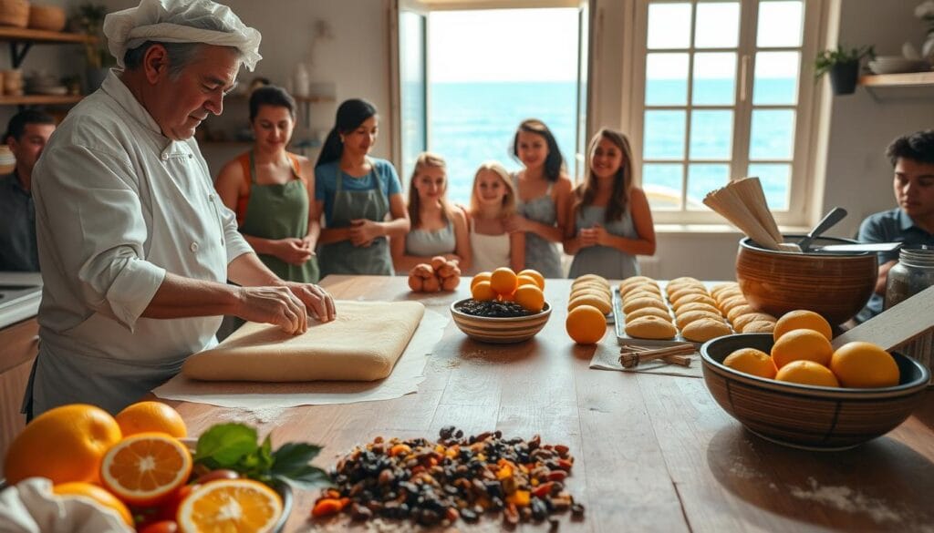 A sun-drenched Sicilian kitchen, filled with the aroma of freshly baked pastries. In the foreground, a master pastry chef skillfully kneads dough, rolling it out with precision. Vibrant citrus fruits, plump raisins, and fragrant spices are carefully arranged on a wooden table, ready to be incorporated into traditional Sicilian desserts. The middle ground reveals a group of eager students, watching intently as the chef demonstrates the intricate techniques of pastry making, their faces aglow with excitement. In the background, a window frames a breathtaking view of the azure Mediterranean Sea, hinting at the rich cultural heritage that inspires this authentic culinary experience. A sun-drenched Sicilian kitchen, filled with the aroma of freshly baked pastries. In the foreground, a master pastry chef skillfully kneads dough, rolling it out with precision. Vibrant citrus fruits, plump raisins, and fragrant spices are carefully arranged on a wooden table, ready to be incorporated into traditional Sicilian desserts. The middle ground reveals a group of eager students, watching intently as the chef demonstrates the intricate techniques of pastry making, their faces aglow with excitement. In the background, a window frames a breathtaking view of the azure Mediterranean Sea, hinting at the rich cultural heritage that inspires this authentic culinary experience.