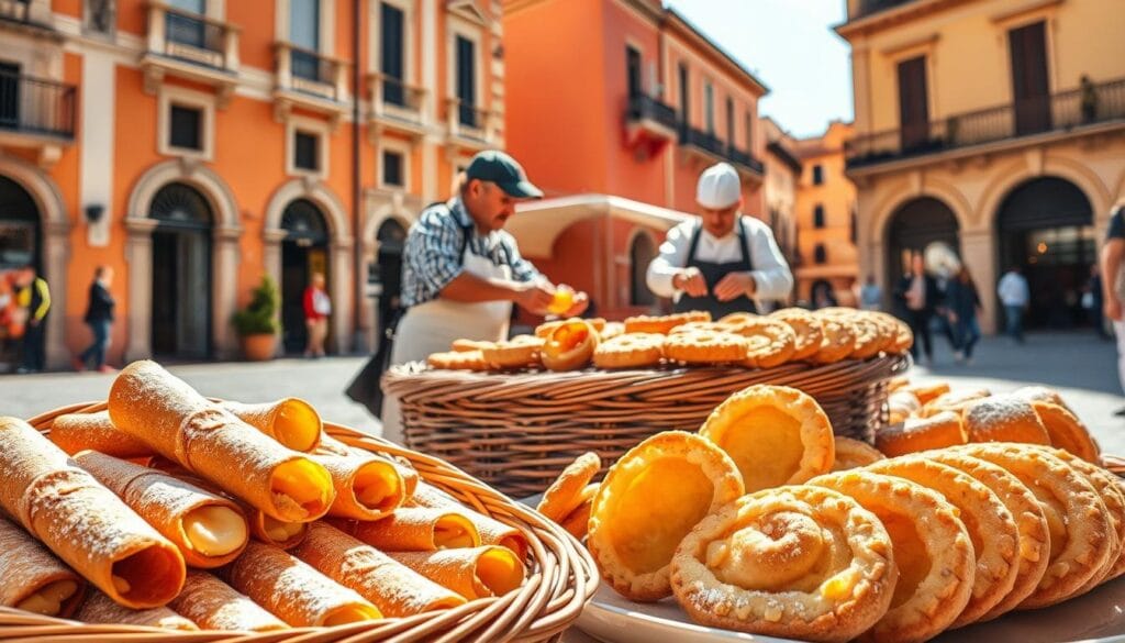 A sun-drenched Sicilian piazza, featuring a delightful display of almond-based pastries. In the foreground, a wicker basket overflows with golden-crusted cannoli, their crisp shells spilling creamy, aromatic filling. Nearby, a platter showcases soft, pillowy almond-studded biscotti, dusted with powdered sugar. In the middle ground, a traditionally dressed Sicilian baker meticulously arranges freshly baked pasticciotti, their flaky pastry casings revealing luscious almond-infused custard. The background captures the vibrant colors of the Baroque architecture, with warm ochre and terracotta tones bathed in the gentle glow of the Sicilian sun. A timeless scene that captures the essence of Catania and Eastern Sicily's sweet culinary heritage. A sun-drenched Sicilian piazza, featuring a delightful display of almond-based pastries. In the foreground, a wicker basket overflows with golden-crusted cannoli, their crisp shells spilling creamy, aromatic filling. Nearby, a platter showcases soft, pillowy almond-studded biscotti, dusted with powdered sugar. In the middle ground, a traditionally dressed Sicilian baker meticulously arranges freshly baked pasticciotti, their flaky pastry casings revealing luscious almond-infused custard. The background captures the vibrant colors of the Baroque architecture, with warm ochre and terracotta tones bathed in the gentle glow of the Sicilian sun. A timeless scene that captures the essence of Catania and Eastern Sicily's sweet culinary heritage.