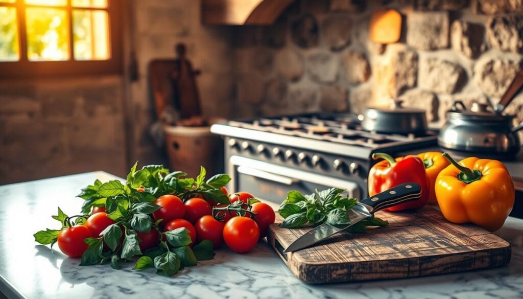 A traditional Italian kitchen scene, bathed in warm, golden light filtering through an arched window. In the foreground, a marble countertop is covered with an array of fresh produce - plump tomatoes, leafy basil, and vibrant bell peppers. A weathered wooden cutting board holds a sharp knife, ready to chop and prepare the ingredients. In the middle ground, a wood-burning stove stands tall, its cast-iron grates ready to support simmering pots and sizzling pans. The background reveals an old stone wall, its textured surface hinting at the history and heritage of Italian culinary traditions. The atmosphere is one of comfort, authenticity, and a reverence for the time-honored methods that have sustained Italian cuisine for generations. A traditional Italian kitchen scene, bathed in warm, golden light filtering through an arched window. In the foreground, a marble countertop is covered with an array of fresh produce - plump tomatoes, leafy basil, and vibrant bell peppers. A weathered wooden cutting board holds a sharp knife, ready to chop and prepare the ingredients. In the middle ground, a wood-burning stove stands tall, its cast-iron grates ready to support simmering pots and sizzling pans. The background reveals an old stone wall, its textured surface hinting at the history and heritage of Italian culinary traditions. The atmosphere is one of comfort, authenticity, and a reverence for the time-honored methods that have sustained Italian cuisine for generations.