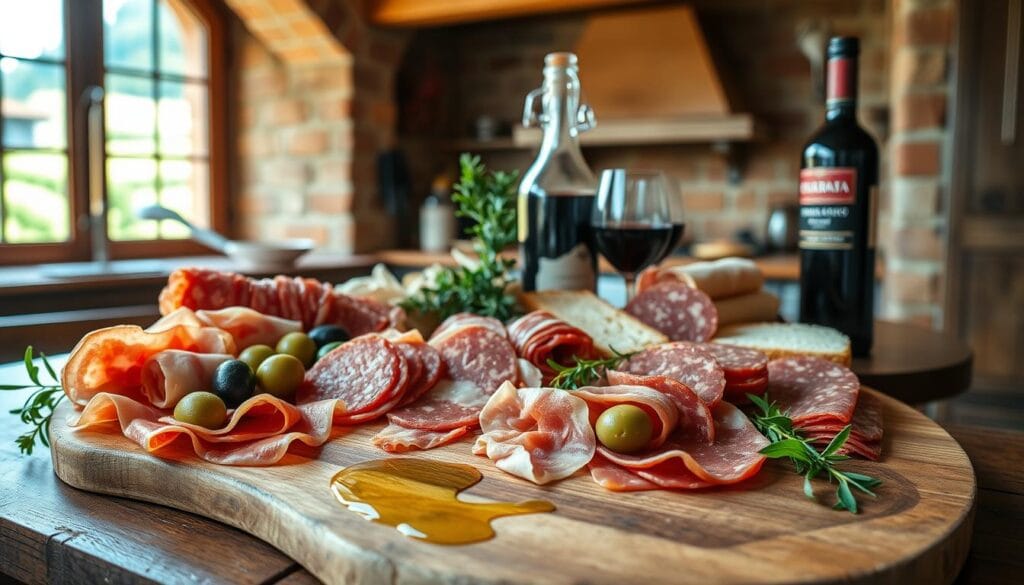 A traditional Italian still life showcasing an assortment of premium salumi. In the foreground, a wooden board is adorned with slices of prosciutto crudo, mortadella, and salami, accompanied by olives, sliced bread, and a drizzle of olive oil. The middle ground features a glass decanter of red wine and a cluster of fresh herbs. The background is filled with the warm, earthy tones of a rustic Italian kitchen, with terracotta tiles, exposed beams, and a glimpse of a window overlooking a verdant countryside. The scene is bathed in soft, natural lighting, casting gentle shadows and highlighting the rich textures and colors of the salumi and accompanying elements. The overall composition conveys the timeless tradition and artistry of Italian charcuterie within the context of everyday Italian cuisine and culture. A traditional Italian still life showcasing an assortment of premium salumi. In the foreground, a wooden board is adorned with slices of prosciutto crudo, mortadella, and salami, accompanied by olives, sliced bread, and a drizzle of olive oil. The middle ground features a glass decanter of red wine and a cluster of fresh herbs. The background is filled with the warm, earthy tones of a rustic Italian kitchen, with terracotta tiles, exposed beams, and a glimpse of a window overlooking a verdant countryside. The scene is bathed in soft, natural lighting, casting gentle shadows and highlighting the rich textures and colors of the salumi and accompanying elements. The overall composition conveys the timeless tradition and artistry of Italian charcuterie within the context of everyday Italian cuisine and culture.