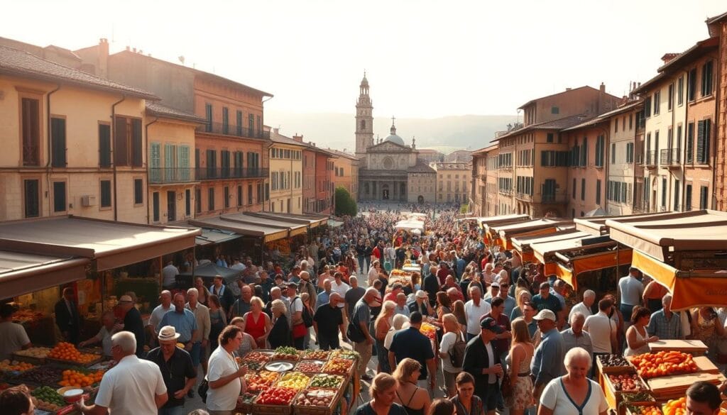 A vibrant Italian Sagre festival, bathed in warm, golden light. In the foreground, a bustling piazza overflows with colorful market stalls, brimming with fresh produce, handcrafted wares, and the tantalizing aromas of sizzling regional cuisine. Locals and visitors mingle, laughing and sampling delicacies, immersed in the festive atmosphere. In the middle ground, historic buildings and cobblestone streets frame the scene, their weathered facades evoking the timeless character of the region. The background reveals a picturesque town square, surrounded by towering church spires and rolling hills, a testament to the enduring traditions and natural beauty of Italy. The lighting is soft and diffused, creating a warm, inviting ambiance that captures the essence of this authentic, time-honored celebration of local culture. A vibrant Italian Sagre festival, bathed in warm, golden light. In the foreground, a bustling piazza overflows with colorful market stalls, brimming with fresh produce, handcrafted wares, and the tantalizing aromas of sizzling regional cuisine. Locals and visitors mingle, laughing and sampling delicacies, immersed in the festive atmosphere. In the middle ground, historic buildings and cobblestone streets frame the scene, their weathered facades evoking the timeless character of the region. The background reveals a picturesque town square, surrounded by towering church spires and rolling hills, a testament to the enduring traditions and natural beauty of Italy. The lighting is soft and diffused, creating a warm, inviting ambiance that captures the essence of this authentic, time-honored celebration of local culture.