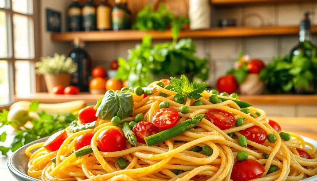 A vibrant and appetizing linguine primavera dish, set against a backdrop of a sun-drenched Italian kitchen. In the foreground, a generous pile of long, thin pasta noodles is tossed with a medley of fresh spring vegetables - crisp asparagus, bright green peas, tender zucchini, and sweet cherry tomatoes. The pasta is coated in a light, creamy sauce that glistens under the warm, golden lighting. In the middle ground, an array of fresh herbs, such as basil and parsley, add pops of verdant color and fragrance. The background features rustic wooden shelves, filled with jars of olive oil and aged balsamic vinegar, hinting at the Mediterranean influences that inspired this timeless dish. An appetizing and visually captivating scene that evokes the history and evolution of the beloved linguine primavera. A vibrant and appetizing linguine primavera dish, set against a backdrop of a sun-drenched Italian kitchen. In the foreground, a generous pile of long, thin pasta noodles is tossed with a medley of fresh spring vegetables - crisp asparagus, bright green peas, tender zucchini, and sweet cherry tomatoes. The pasta is coated in a light, creamy sauce that glistens under the warm, golden lighting. In the middle ground, an array of fresh herbs, such as basil and parsley, add pops of verdant color and fragrance. The background features rustic wooden shelves, filled with jars of olive oil and aged balsamic vinegar, hinting at the Mediterranean influences that inspired this timeless dish. An appetizing and visually captivating scene that evokes the history and evolution of the beloved linguine primavera.