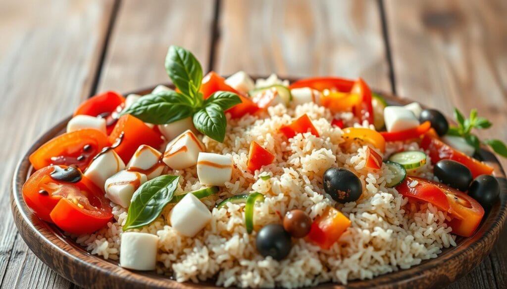 A vibrant and sun-drenched Italian summer rice salad, artfully customized with a colorful array of fresh ingredients. In the foreground, an enticing arrangement of sliced tomatoes, cubes of mozzarella, and fragrant basil leaves, drizzled with a glossy balsamic reduction. In the middle ground, a bed of fluffy, chilled rice interspersed with slivers of crisp cucumber, crunchy bell peppers, and salty kalamata olives. The background features a rustic wooden table, with a light, airy atmosphere created by soft, diffused natural lighting and a subtle vignette effect. The overall composition evokes a sense of Mediterranean warmth, inviting the viewer to envision the perfect summer salad, customized to their personal taste. A vibrant and sun-drenched Italian summer rice salad, artfully customized with a colorful array of fresh ingredients. In the foreground, an enticing arrangement of sliced tomatoes, cubes of mozzarella, and fragrant basil leaves, drizzled with a glossy balsamic reduction. In the middle ground, a bed of fluffy, chilled rice interspersed with slivers of crisp cucumber, crunchy bell peppers, and salty kalamata olives. The background features a rustic wooden table, with a light, airy atmosphere created by soft, diffused natural lighting and a subtle vignette effect. The overall composition evokes a sense of Mediterranean warmth, inviting the viewer to envision the perfect summer salad, customized to their personal taste.