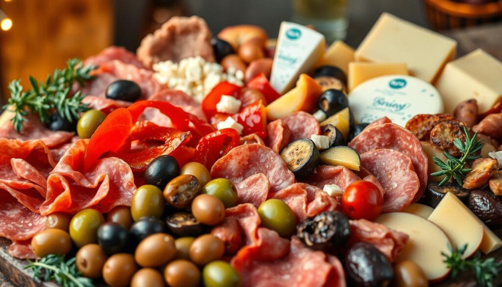 A vibrant antipasto platter overflowing with a variety of artisanal cured meats, tangy olives, marinated vegetables, and artfully arranged cheeses. The foreground features a selection of salami, prosciutto, and capocollo, complemented by a mix of kalamata, green, and sun-dried tomato olives. The middle ground showcases a medley of roasted red peppers, grilled zucchini, and marinated artichoke hearts, while the background features a selection of crumbly parmesan, creamy brie, and sharp cheddar. The scene is bathed in warm, golden lighting, creating a rustic, inviting atmosphere perfect for enhancing a simple yet nutritious appetizer. A vibrant antipasto platter overflowing with a variety of artisanal cured meats, tangy olives, marinated vegetables, and artfully arranged cheeses. The foreground features a selection of salami, prosciutto, and capocollo, complemented by a mix of kalamata, green, and sun-dried tomato olives. The middle ground showcases a medley of roasted red peppers, grilled zucchini, and marinated artichoke hearts, while the background features a selection of crumbly parmesan, creamy brie, and sharp cheddar. The scene is bathed in warm, golden lighting, creating a rustic, inviting atmosphere perfect for enhancing a simple yet nutritious appetizer.