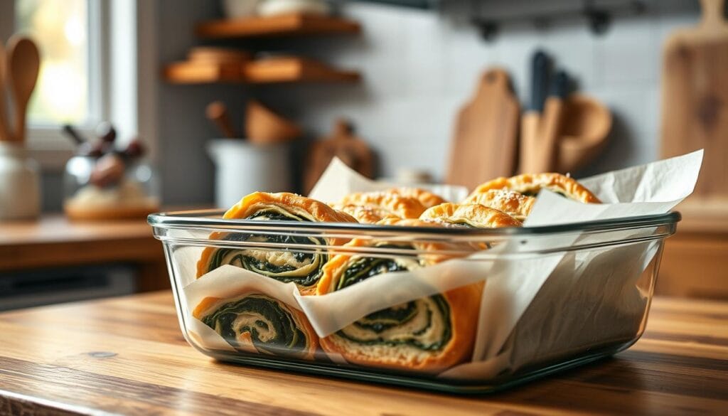 A warm, cozy kitchen filled with the aroma of freshly baked strudel. On the counter, a tightly-sealed glass container holds the leftover slices, nestled between layers of parchment paper to prevent drying. The container's sleek, modern design complements the rustic wooden surfaces, creating a harmonious balance. Soft, diffused lighting casts a gentle glow, highlighting the golden-brown pastry crust and the vibrant green of the spinach filling peeking through. The scene exudes a sense of homemade comfort, inviting you to savor the delicious remnants of the strudel, preserving its flavors for later enjoyment. A warm, cozy kitchen filled with the aroma of freshly baked strudel. On the counter, a tightly-sealed glass container holds the leftover slices, nestled between layers of parchment paper to prevent drying. The container's sleek, modern design complements the rustic wooden surfaces, creating a harmonious balance. Soft, diffused lighting casts a gentle glow, highlighting the golden-brown pastry crust and the vibrant green of the spinach filling peeking through. The scene exudes a sense of homemade comfort, inviting you to savor the delicious remnants of the strudel, preserving its flavors for later enjoyment.