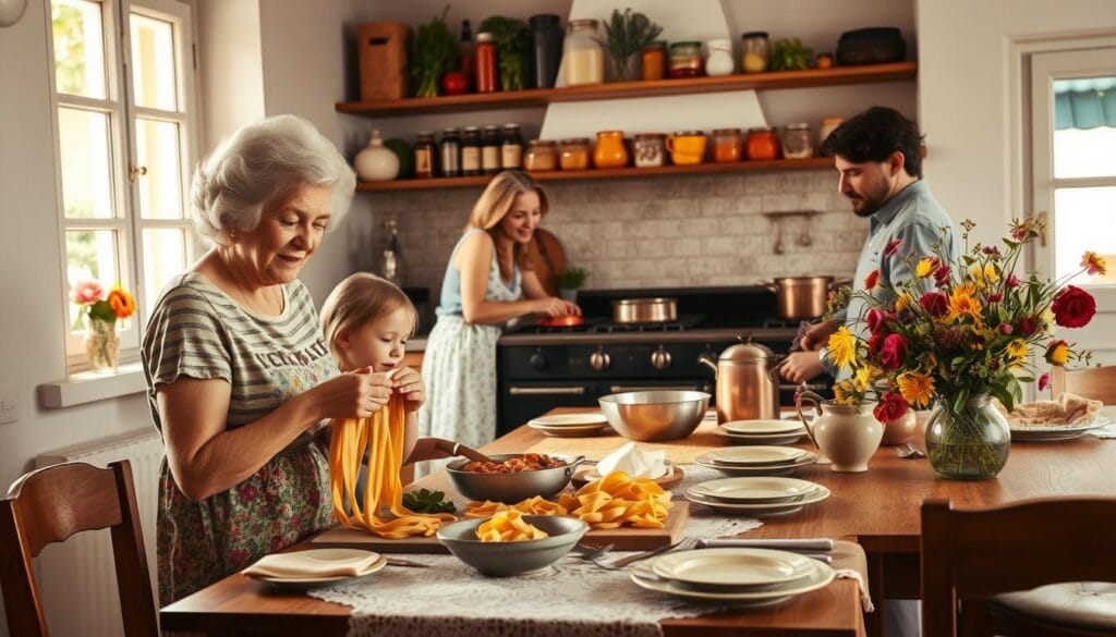 A warm, inviting kitchen scene of an authentic Italian family cooking a multi-course meal together. In the foreground, a grandmother and grandchild knead fresh pasta dough by hand, their faces lit by soft, golden light from a nearby window. The middle ground features a mother and father chopping vegetables and simmering sauces on a vintage stove, surrounded by shelves of gleaming copper pots and jars of fragrant herbs. In the background, an heirloom wooden table is set with a lace tablecloth, mismatched plates, and a vase overflowing with vibrant wildflowers, creating a timeless, homely atmosphere that evokes the cultural traditions and intergenerational knowledge at the heart of Italian cuisine. A warm, inviting kitchen scene of an authentic Italian family cooking a multi-course meal together. In the foreground, a grandmother and grandchild knead fresh pasta dough by hand, their faces lit by soft, golden light from a nearby window. The middle ground features a mother and father chopping vegetables and simmering sauces on a vintage stove, surrounded by shelves of gleaming copper pots and jars of fragrant herbs. In the background, an heirloom wooden table is set with a lace tablecloth, mismatched plates, and a vase overflowing with vibrant wildflowers, creating a timeless, homely atmosphere that evokes the cultural traditions and intergenerational knowledge at the heart of Italian cuisine.