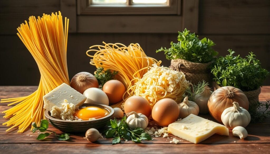 An assortment of fresh spaghetti noodles, eggs, Parmesan cheese, onions, garlic, and herbs arranged in a rustic, still-life composition on a wooden table. The ingredients are illuminated by soft, natural lighting from an overhead window, casting gentle shadows and highlights that accentuate their textures and colors. The scene has a homey, warm atmosphere, inviting the viewer to imagine the delicious frittata that will soon be prepared from these wholesome, kitchen staples. An assortment of fresh spaghetti noodles, eggs, Parmesan cheese, onions, garlic, and herbs arranged in a rustic, still-life composition on a wooden table. The ingredients are illuminated by soft, natural lighting from an overhead window, casting gentle shadows and highlights that accentuate their textures and colors. The scene has a homey, warm atmosphere, inviting the viewer to imagine the delicious frittata that will soon be prepared from these wholesome, kitchen staples.