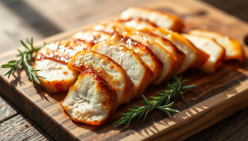 Baked turkey breast strips, golden-brown and glistening, arranged artfully on a rustic wooden cutting board. Soft natural lighting casts warm shadows, highlighting the tender, juicy texture of the meat. The strips are accompanied by a sprig of fresh rosemary, adding a touch of earthy elegance. The scene is captured with a shallow depth of field, drawing the viewer's focus to the succulent, lightly seasoned turkey. An inviting and appetizing display, showcasing the versatility and healthiness of lean turkey cutlets. Baked turkey breast strips, golden-brown and glistening, arranged artfully on a rustic wooden cutting board. Soft natural lighting casts warm shadows, highlighting the tender, juicy texture of the meat. The strips are accompanied by a sprig of fresh rosemary, adding a touch of earthy elegance. The scene is captured with a shallow depth of field, drawing the viewer's focus to the succulent, lightly seasoned turkey. An inviting and appetizing display, showcasing the versatility and healthiness of lean turkey cutlets.