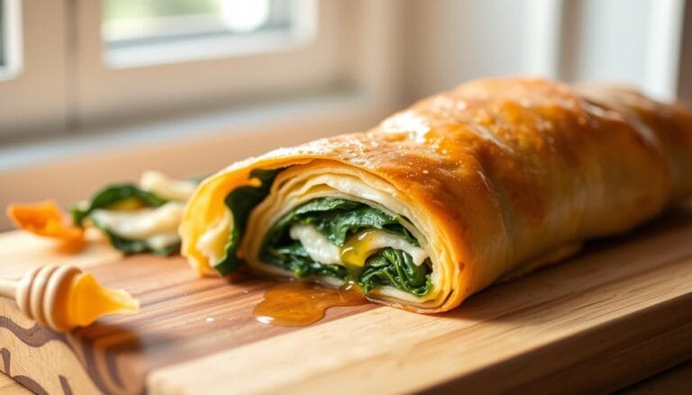Strudel with ricotta and spinach with honey