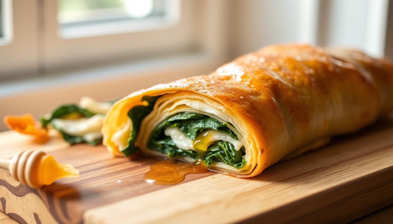 Strudel with ricotta and spinach with honey