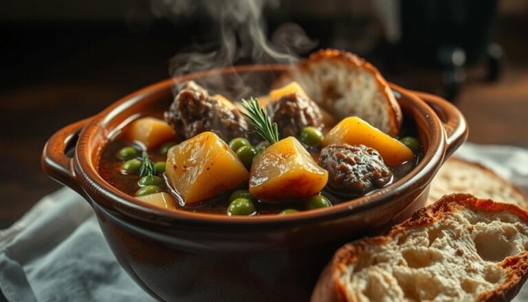 Veal stew with potatoes, carrots, and peas