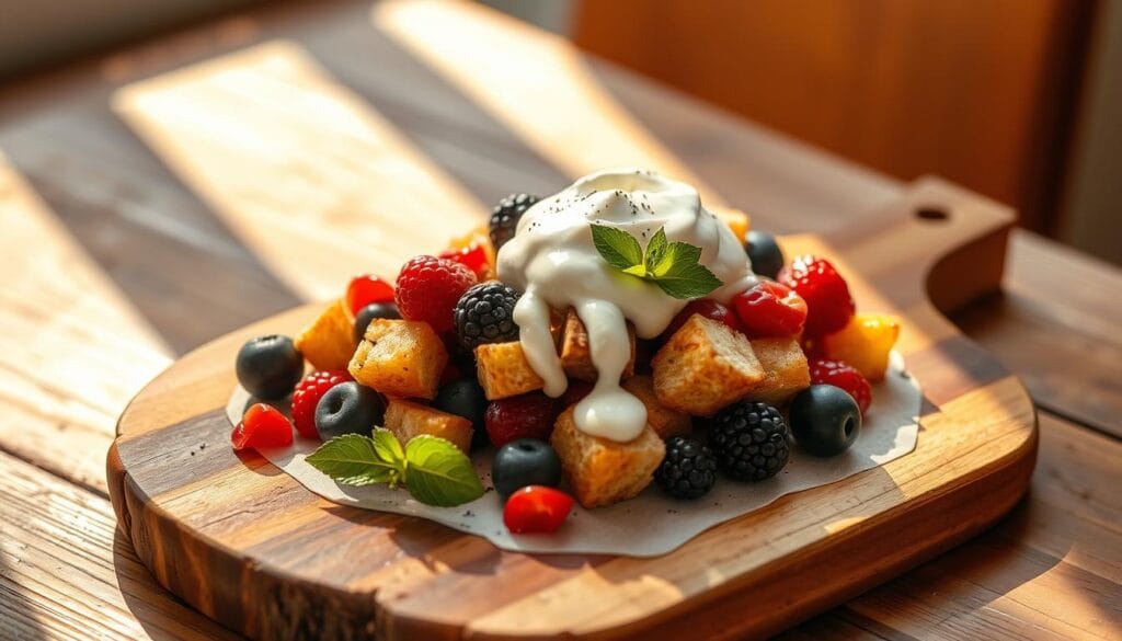 A beautifully arranged Panzanella Dolce dessert, set against a backdrop of warm, golden-hued natural lighting, casting soft shadows. The presentation showcases a colorful, artfully composed arrangement of fresh berries, toasted bread cubes, and a drizzle of creamy, lightly sweetened mascarpone cream. The dessert is presented on a rustic, wooden serving board, adding an authentic, Tuscan-inspired touch. The overall mood is one of simplicity and elegance, inviting the viewer to imagine enjoying this delightful summer treat. A beautifully arranged Panzanella Dolce dessert, set against a backdrop of warm, golden-hued natural lighting, casting soft shadows. The presentation showcases a colorful, artfully composed arrangement of fresh berries, toasted bread cubes, and a drizzle of creamy, lightly sweetened mascarpone cream. The dessert is presented on a rustic, wooden serving board, adding an authentic, Tuscan-inspired touch. The overall mood is one of simplicity and elegance, inviting the viewer to imagine enjoying this delightful summer treat.