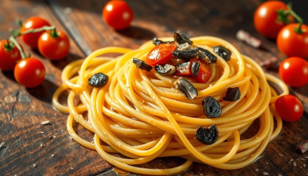 A beautifully lit close-up photograph of a twirled nest of cherry tomato anchovy pasta, arranged on a rustic wooden table. The pasta is al dente, glistening with olive oil, scattered with plump, juicy cherry tomatoes and delicate, salty anchovy fillets. The composition is balanced and visually appealing, highlighting the vibrant colors and textures of the ingredients. Soft, warm lighting from the side casts gentle shadows, creating depth and a cozy, appetizing atmosphere. The image conveys the nutritional benefits of this simple, flavorful dish - the healthy fats from the olive oil and anchovies, the antioxidants from the tomatoes, and the satisfying carbohydrates from the pasta. A beautifully lit close-up photograph of a twirled nest of cherry tomato anchovy pasta, arranged on a rustic wooden table. The pasta is al dente, glistening with olive oil, scattered with plump, juicy cherry tomatoes and delicate, salty anchovy fillets. The composition is balanced and visually appealing, highlighting the vibrant colors and textures of the ingredients. Soft, warm lighting from the side casts gentle shadows, creating depth and a cozy, appetizing atmosphere. The image conveys the nutritional benefits of this simple, flavorful dish - the healthy fats from the olive oil and anchovies, the antioxidants from the tomatoes, and the satisfying carbohydrates from the pasta.