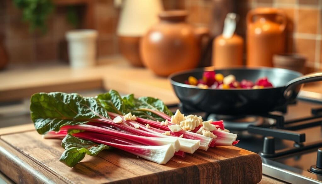 A beautifully lit kitchen scene, with a wooden cutting board in the foreground showcasing vibrant red radicchio leaves. In the middle ground, a sauté pan sizzles on the stovetop, filled with the radicchio, slivers of pecorino sardo cheese, and a drizzle of olive oil. The background features a rustic, Italian-inspired kitchen, with terra cotta tiles, a terracotta vessel, and warm, soft lighting that creates a cozy, inviting atmosphere. The overall composition highlights the process of cooking radicchio, emphasizing the textural contrast and bold flavors of this refined Italian dish. A beautifully lit kitchen scene, with a wooden cutting board in the foreground showcasing vibrant red radicchio leaves. In the middle ground, a sauté pan sizzles on the stovetop, filled with the radicchio, slivers of pecorino sardo cheese, and a drizzle of olive oil. The background features a rustic, Italian-inspired kitchen, with terra cotta tiles, a terracotta vessel, and warm, soft lighting that creates a cozy, inviting atmosphere. The overall composition highlights the process of cooking radicchio, emphasizing the textural contrast and bold flavors of this refined Italian dish.