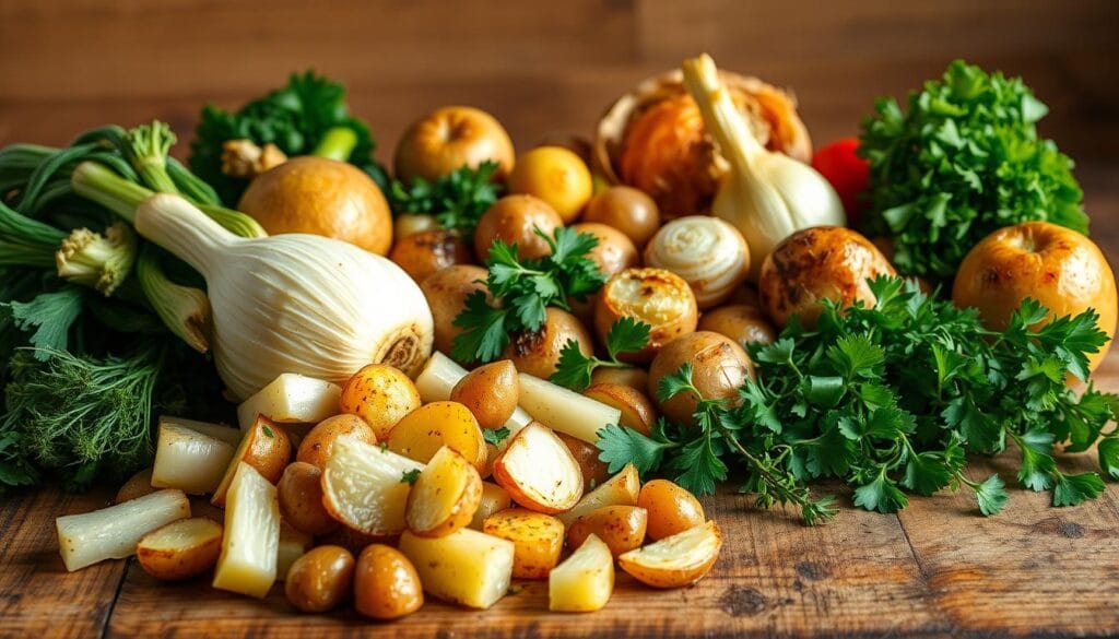 A bountiful arrangement of fresh, vibrant vegetables on a rustic wooden table, with a soft, natural lighting casting a warm glow. In the foreground, a medley of evenly roasted fennel, potatoes, and onions, their caramelized edges glistening. The middle ground features a scattering of fresh herbs, adding pops of color and fragrance. The background showcases a simple, minimalist setting, allowing the focus to remain on the nourishing, well-balanced dish. The overall composition conveys a sense of health, wholesomeness, and culinary expertise, perfectly reflecting the "Nutrition Benefits of the Dish." A bountiful arrangement of fresh, vibrant vegetables on a rustic wooden table, with a soft, natural lighting casting a warm glow. In the foreground, a medley of evenly roasted fennel, potatoes, and onions, their caramelized edges glistening. The middle ground features a scattering of fresh herbs, adding pops of color and fragrance. The background showcases a simple, minimalist setting, allowing the focus to remain on the nourishing, well-balanced dish. The overall composition conveys a sense of health, wholesomeness, and culinary expertise, perfectly reflecting the "Nutrition Benefits of the Dish."