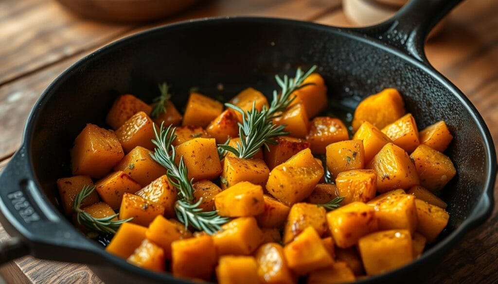 A cast iron skillet sizzles on a rustic wooden countertop, the aroma of sautéed pumpkin and fragrant herbs wafting through the air. Chunks of golden pumpkin are expertly browned, their edges crisp, while fresh sprigs of rosemary and oregano add pops of green. Warm, ambient lighting casts a soft glow, highlighting the textural interplay between the caramelized pumpkin and the delicate herb leaves. A light drizzle of olive oil glistens on the surface, hinting at the flavor-packed dish. The overall scene conveys the comforting, homespun essence of traditional Italian cooking techniques. A cast iron skillet sizzles on a rustic wooden countertop, the aroma of sautéed pumpkin and fragrant herbs wafting through the air. Chunks of golden pumpkin are expertly browned, their edges crisp, while fresh sprigs of rosemary and oregano add pops of green. Warm, ambient lighting casts a soft glow, highlighting the textural interplay between the caramelized pumpkin and the delicate herb leaves. A light drizzle of olive oil glistens on the surface, hinting at the flavor-packed dish. The overall scene conveys the comforting, homespun essence of traditional Italian cooking techniques.