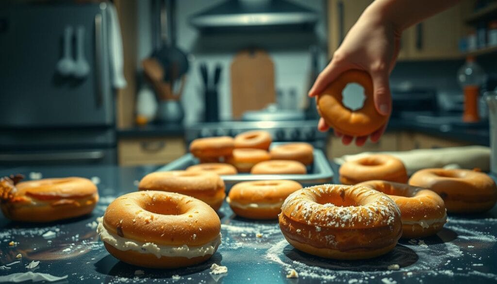 A chaotic kitchen scene with several misshapen, cringe-worthy donuts lying haphazardly on a messy countertop. In the foreground, a baker's hands desperately try to salvage one donut, while in the middle ground, a tray of overproofed, lopsided donuts sits abandoned. The background is blurred, revealing a dimly lit kitchen with cluttered utensils and ingredients, creating a sense of frustration and disappointment. Dramatic lighting casts dramatic shadows, emphasizing the imperfections of the failed pastries. The overall mood is one of exasperation and the realization that even the simplest of recipes can go awry. A chaotic kitchen scene with several misshapen, cringe-worthy donuts lying haphazardly on a messy countertop. In the foreground, a baker's hands desperately try to salvage one donut, while in the middle ground, a tray of overproofed, lopsided donuts sits abandoned. The background is blurred, revealing a dimly lit kitchen with cluttered utensils and ingredients, creating a sense of frustration and disappointment. Dramatic lighting casts dramatic shadows, emphasizing the imperfections of the failed pastries. The overall mood is one of exasperation and the realization that even the simplest of recipes can go awry.