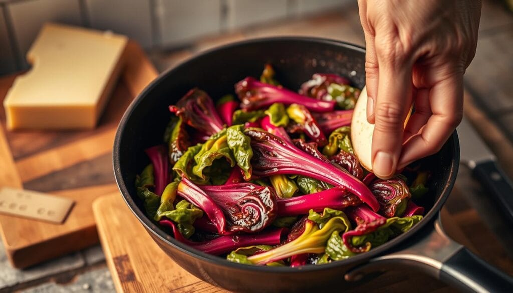A close-up of a hand sautéing radicchio leaves in a cast-iron skillet, with warm golden light illuminating the vibrant red and green hues. The radicchio is glistening with a light sheen of olive oil, sizzling and caramelizing on the edges. In the background, a wooden cutting board with a wedge of Pecorino Sardo cheese and a sharp knife, hinting at the impending addition of the flavorful cheese. The composition is framed by a rustic, uncluttered kitchen setting, with a neutral backdrop that allows the main ingredients to take center stage. The overall mood is one of careful preparation and the anticipation of bold, authentic Italian flavors. A close-up of a hand sautéing radicchio leaves in a cast-iron skillet, with warm golden light illuminating the vibrant red and green hues. The radicchio is glistening with a light sheen of olive oil, sizzling and caramelizing on the edges. In the background, a wooden cutting board with a wedge of Pecorino Sardo cheese and a sharp knife, hinting at the impending addition of the flavorful cheese. The composition is framed by a rustic, uncluttered kitchen setting, with a neutral backdrop that allows the main ingredients to take center stage. The overall mood is one of careful preparation and the anticipation of bold, authentic Italian flavors.