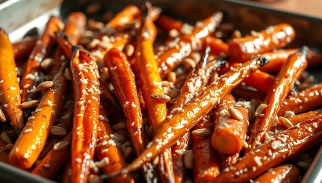 A close-up shot of a baking tray filled with oven-roasted carrots, lightly drizzled with olive oil and sprinkled with grated parmesan cheese and toasted pine nuts. The carrots are golden-brown and caramelized on the edges, with a glossy, slightly charred appearance. The parmesan cheese has melted into the nooks and crannies, creating a savory, nutty flavor. The pine nuts add a delightful crunch and earthy aroma. The scene is lit from the side, casting warm, dramatic shadows that accentuate the texture and depth of the dish. The background is slightly blurred, allowing the carrots to be the clear focal point. A close-up shot of a baking tray filled with oven-roasted carrots, lightly drizzled with olive oil and sprinkled with grated parmesan cheese and toasted pine nuts. The carrots are golden-brown and caramelized on the edges, with a glossy, slightly charred appearance. The parmesan cheese has melted into the nooks and crannies, creating a savory, nutty flavor. The pine nuts add a delightful crunch and earthy aroma. The scene is lit from the side, casting warm, dramatic shadows that accentuate the texture and depth of the dish. The background is slightly blurred, allowing the carrots to be the clear focal point.