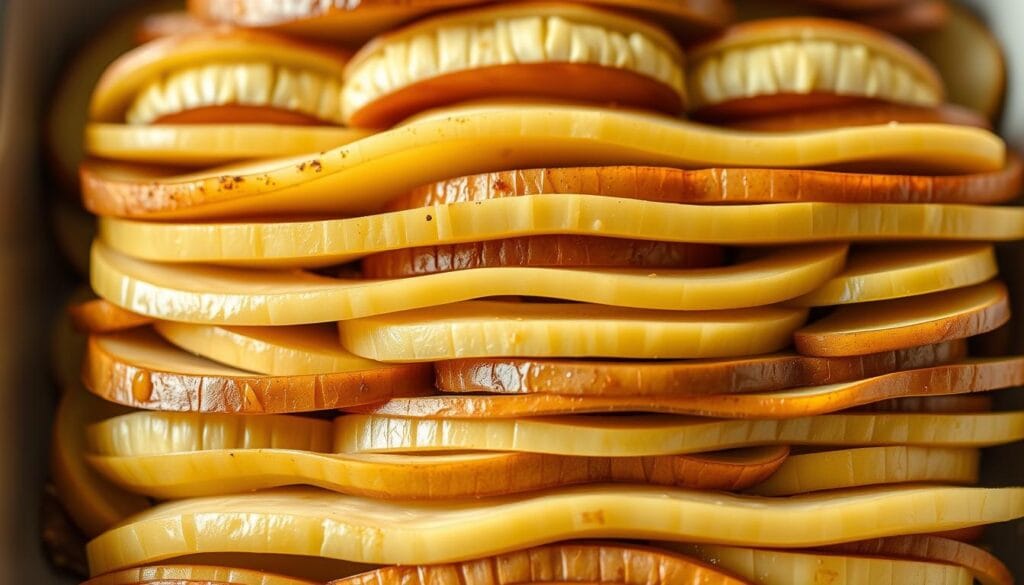A close-up shot of a layered baking dish, showcasing the intricate arrangement of sliced fennel bulbs, potatoes, and onions. The vegetables are neatly stacked, with each layer carefully positioned to create a visually appealing and symmetrical pattern. The dish is illuminated by a warm, natural light, casting gentle shadows that accentuate the texture and depth of the ingredients. The overall composition conveys a sense of culinary precision and attention to detail, reflecting the importance of proper layering in the finocchi al forno recipe. A close-up shot of a layered baking dish, showcasing the intricate arrangement of sliced fennel bulbs, potatoes, and onions. The vegetables are neatly stacked, with each layer carefully positioned to create a visually appealing and symmetrical pattern. The dish is illuminated by a warm, natural light, casting gentle shadows that accentuate the texture and depth of the ingredients. The overall composition conveys a sense of culinary precision and attention to detail, reflecting the importance of proper layering in the finocchi al forno recipe.