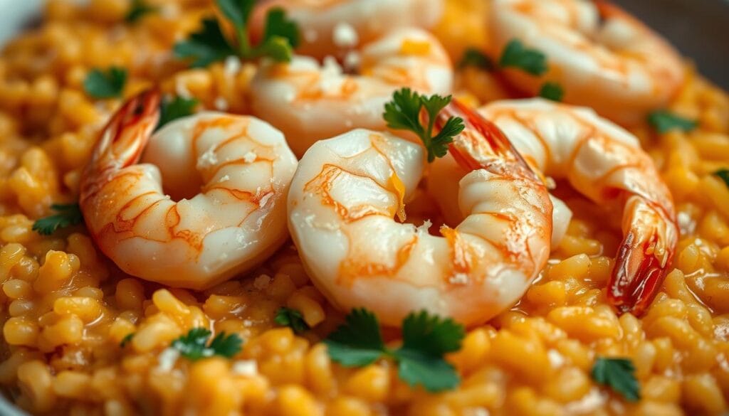 A close-up shot of a perfectly cooked shrimp risotto, with tender, plump shrimp nestled in a creamy, al dente rice dish. The shrimp are seared to a beautiful golden-pink hue, their delicate tails curled just so. The risotto has a vibrant orange hue, achieved through the addition of freshly grated citrus zest. Parsley leaves and a light dusting of Parmesan cheese add a fresh, herbal note and a subtle saltiness. The lighting is soft and diffused, creating a warm, appetizing atmosphere. Captured from a low angle, the image showcases the dish's textures and inviting presentation. A close-up shot of a perfectly cooked shrimp risotto, with tender, plump shrimp nestled in a creamy, al dente rice dish. The shrimp are seared to a beautiful golden-pink hue, their delicate tails curled just so. The risotto has a vibrant orange hue, achieved through the addition of freshly grated citrus zest. Parsley leaves and a light dusting of Parmesan cheese add a fresh, herbal note and a subtle saltiness. The lighting is soft and diffused, creating a warm, appetizing atmosphere. Captured from a low angle, the image showcases the dish's textures and inviting presentation.