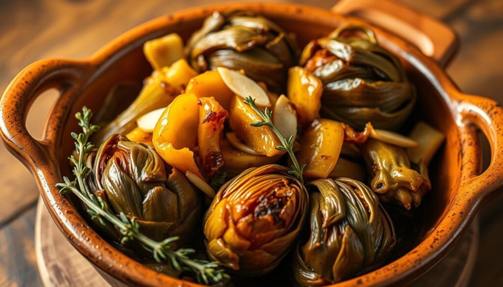 A close-up shot of braised artichokes in a rustic earthenware dish, resting on a wooden table. The artichokes have a deep caramelized golden-brown hue, with tender leaves that peel away effortlessly. Slivers of garlic, sprigs of fragrant thyme, and a drizzle of rich olive oil accentuate the flavors. Warm lighting casts a cozy glow, evoking the authentic Southern Italian cooking tradition. The scene is framed with a simple, uncluttered background, allowing the artichokes to be the star of the composition. A close-up shot of braised artichokes in a rustic earthenware dish, resting on a wooden table. The artichokes have a deep caramelized golden-brown hue, with tender leaves that peel away effortlessly. Slivers of garlic, sprigs of fragrant thyme, and a drizzle of rich olive oil accentuate the flavors. Warm lighting casts a cozy glow, evoking the authentic Southern Italian cooking tradition. The scene is framed with a simple, uncluttered background, allowing the artichokes to be the star of the composition.