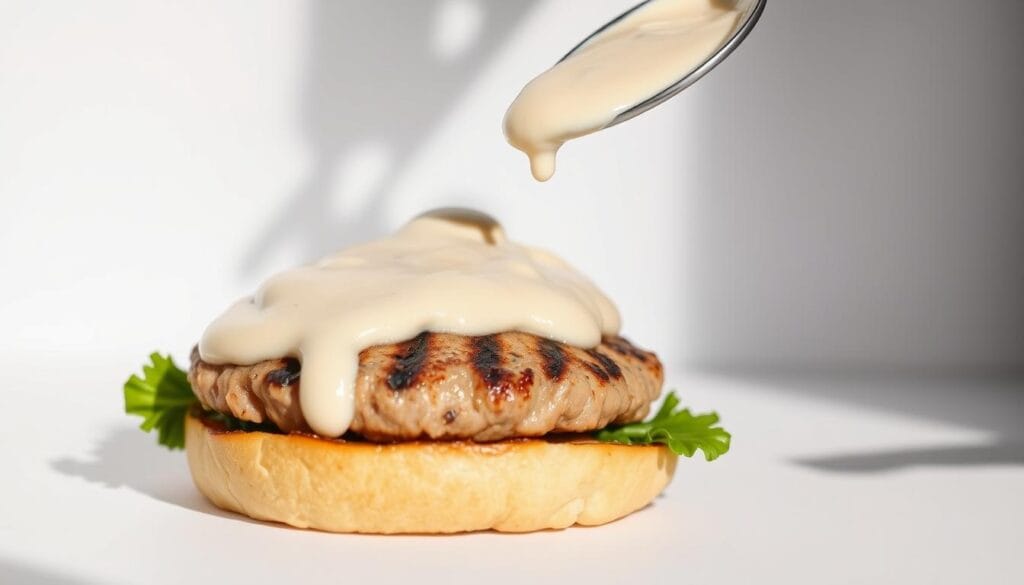 A close-up, studio-style image of a hand-crafted tonnato sauce for burgers. The sauce is creamy, pale in color, and drizzled atop a freshly grilled tuna patty on a soft, toasted bun. The scene is lit from the side, casting dramatic shadows and highlights that accentuate the smooth, silky texture of the sauce. The background is a simple, clean white surface, allowing the subject to take center stage. The overall mood is one of culinary craftsmanship and appetizing simplicity, inviting the viewer to imagine the flavors and textures of this alternative burger topping. A close-up, studio-style image of a hand-crafted tonnato sauce for burgers. The sauce is creamy, pale in color, and drizzled atop a freshly grilled tuna patty on a soft, toasted bun. The scene is lit from the side, casting dramatic shadows and highlights that accentuate the smooth, silky texture of the sauce. The background is a simple, clean white surface, allowing the subject to take center stage. The overall mood is one of culinary craftsmanship and appetizing simplicity, inviting the viewer to imagine the flavors and textures of this alternative burger topping.