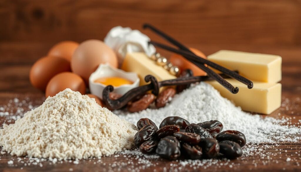 A close-up view of an assortment of traditional Mantuan cake ingredients, artfully arranged on a rustic wooden surface. In the foreground, a pile of fragrant, finely ground almond flour glistens under soft, natural lighting. Surrounding it, whole eggs, creamy butter, and delicate vanilla pods nestle together, hinting at the rich flavors and textures that will come together to create the iconic Mantuan cake. In the middle ground, a sprinkling of plump, juicy raisins and a dusting of powdered sugar add visual interest and a sense of anticipation. The background features a subtly textured, warm-toned wooden backdrop, creating a cozy, inviting atmosphere that evokes the homemade, comforting nature of this beloved regional delicacy. A close-up view of an assortment of traditional Mantuan cake ingredients, artfully arranged on a rustic wooden surface. In the foreground, a pile of fragrant, finely ground almond flour glistens under soft, natural lighting. Surrounding it, whole eggs, creamy butter, and delicate vanilla pods nestle together, hinting at the rich flavors and textures that will come together to create the iconic Mantuan cake. In the middle ground, a sprinkling of plump, juicy raisins and a dusting of powdered sugar add visual interest and a sense of anticipation. The background features a subtly textured, warm-toned wooden backdrop, creating a cozy, inviting atmosphere that evokes the homemade, comforting nature of this beloved regional delicacy.