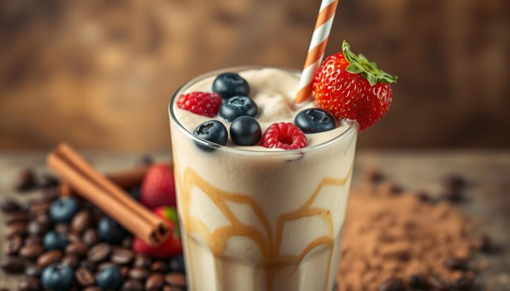A crisp, high-resolution image of a refreshing Cappuccino Milkshake. The milkshake fills the foreground, its creamy froth and espresso-infused swirls glistening under soft, diffused lighting. Suspended within the milkshake are vibrant, colorful berries - blueberries, raspberries, and strawberries - symbolizing the antioxidant-rich ingredients. In the middle ground, a scattering of coffee beans, cinnamon sticks, and cocoa powder hints at the beneficial nutrients. The background is a soothing, blurred backdrop of earthy tones, complementing the inviting, healthful composition. A crisp, high-resolution image of a refreshing Cappuccino Milkshake. The milkshake fills the foreground, its creamy froth and espresso-infused swirls glistening under soft, diffused lighting. Suspended within the milkshake are vibrant, colorful berries - blueberries, raspberries, and strawberries - symbolizing the antioxidant-rich ingredients. In the middle ground, a scattering of coffee beans, cinnamon sticks, and cocoa powder hints at the beneficial nutrients. The background is a soothing, blurred backdrop of earthy tones, complementing the inviting, healthful composition.