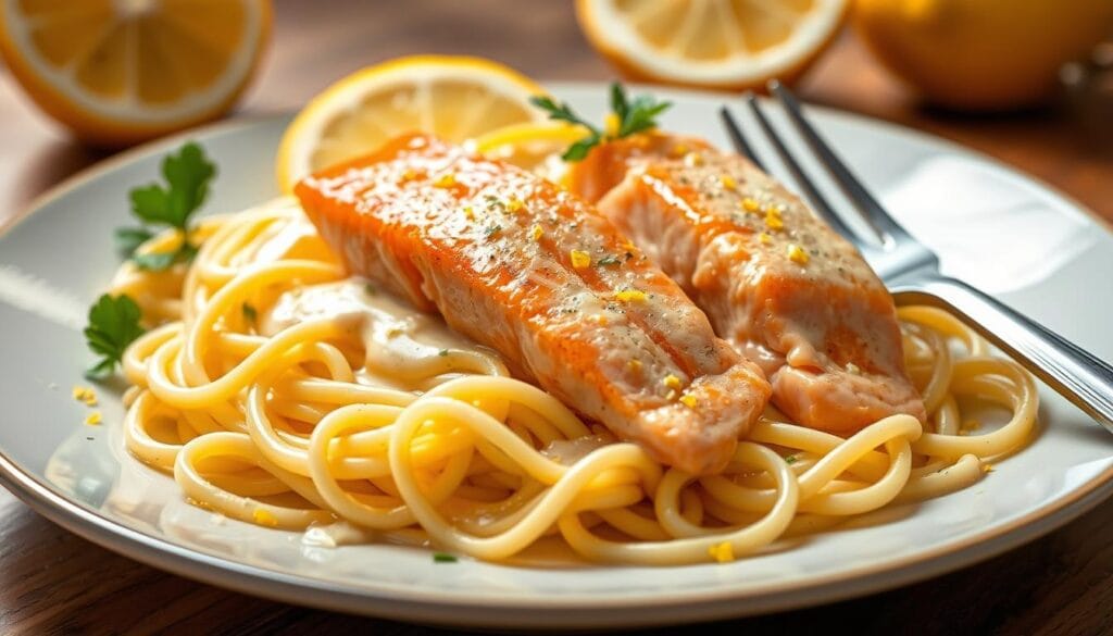 A delectable plate of tagliatelle pasta, bathed in a vibrant lemon-infused cream sauce, and adorned with succulent salmon fillets. The salmon glistens under the soft, natural lighting, inviting the viewer to savor its flavorful and nutritious goodness. The pasta is perfectly al dente, twirling gracefully around the fork, while fresh lemon zest adds a tantalizing citrus aroma. The overall composition is balanced and visually appealing, showcasing the harmonious blend of flavors and textures that make this dish a sumptuous and healthy choice for a summer first course. A delectable plate of tagliatelle pasta, bathed in a vibrant lemon-infused cream sauce, and adorned with succulent salmon fillets. The salmon glistens under the soft, natural lighting, inviting the viewer to savor its flavorful and nutritious goodness. The pasta is perfectly al dente, twirling gracefully around the fork, while fresh lemon zest adds a tantalizing citrus aroma. The overall composition is balanced and visually appealing, showcasing the harmonious blend of flavors and textures that make this dish a sumptuous and healthy choice for a summer first course.
