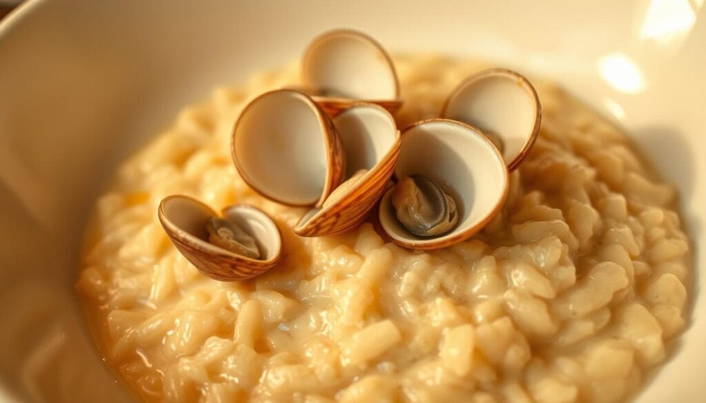 A delicate, creamy risotto with a hint of licorice aroma, garnished with fresh, plump clams. The risotto is presented in a shallow white bowl, with the clams artfully arranged on top, their shells glistening. Warm, soft lighting casts a golden glow, creating an elegant, refined atmosphere. The risotto is slightly textured, with individual grains of rice visible, and the clams are positioned to showcase their intricate shapes. The overall presentation is simple yet sophisticated, inviting the viewer to savor the unexpected yet harmonious flavors of this gourmet dish. A delicate, creamy risotto with a hint of licorice aroma, garnished with fresh, plump clams. The risotto is presented in a shallow white bowl, with the clams artfully arranged on top, their shells glistening. Warm, soft lighting casts a golden glow, creating an elegant, refined atmosphere. The risotto is slightly textured, with individual grains of rice visible, and the clams are positioned to showcase their intricate shapes. The overall presentation is simple yet sophisticated, inviting the viewer to savor the unexpected yet harmonious flavors of this gourmet dish.