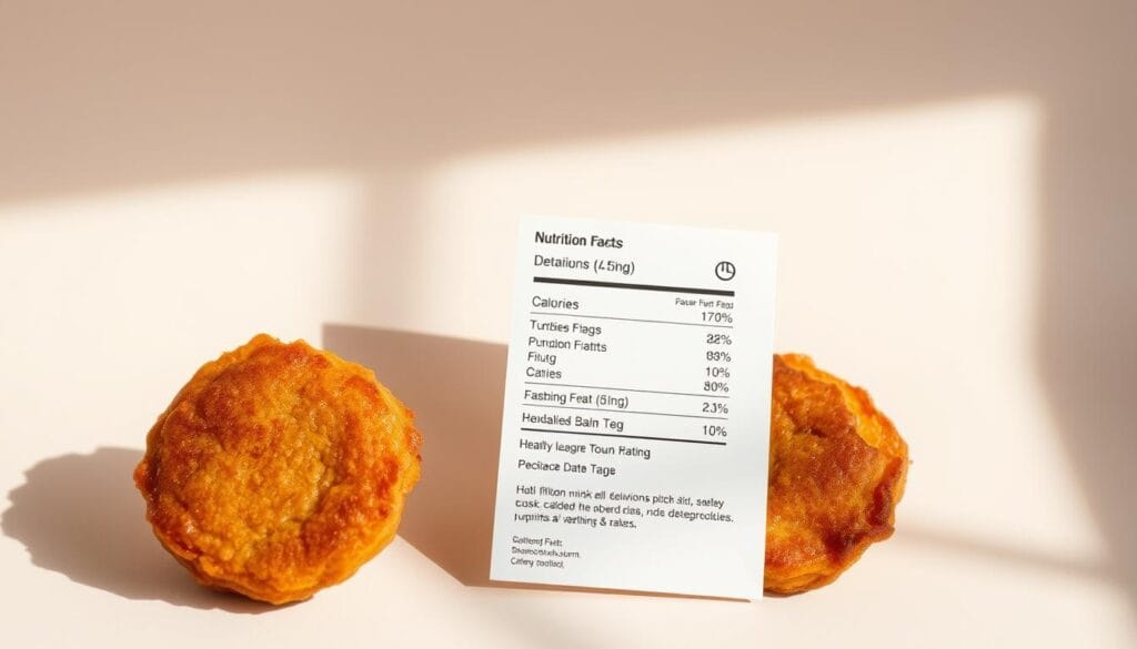 A delicately arranged still life capturing the nutritional information of freshly made pumpkin fritters. The fritters are the central focus, their golden-brown surfaces glistening under natural light. Detailed nutrition facts are legibly displayed on a clean, minimalist label beside the fritters, providing a comprehensive breakdown of calories, macronutrients, and key vitamins. The background is a soft, neutral tone that allows the subject to stand out prominently. The composition is balanced, with the fritters and label occupying the middle ground, surrounded by subtle shadows that add depth and dimension. The overall mood is informative yet visually appealing, inviting the viewer to appreciate the healthy qualities of this comforting autumn treat. A delicately arranged still life capturing the nutritional information of freshly made pumpkin fritters. The fritters are the central focus, their golden-brown surfaces glistening under natural light. Detailed nutrition facts are legibly displayed on a clean, minimalist label beside the fritters, providing a comprehensive breakdown of calories, macronutrients, and key vitamins. The background is a soft, neutral tone that allows the subject to stand out prominently. The composition is balanced, with the fritters and label occupying the middle ground, surrounded by subtle shadows that add depth and dimension. The overall mood is informative yet visually appealing, inviting the viewer to appreciate the healthy qualities of this comforting autumn treat.