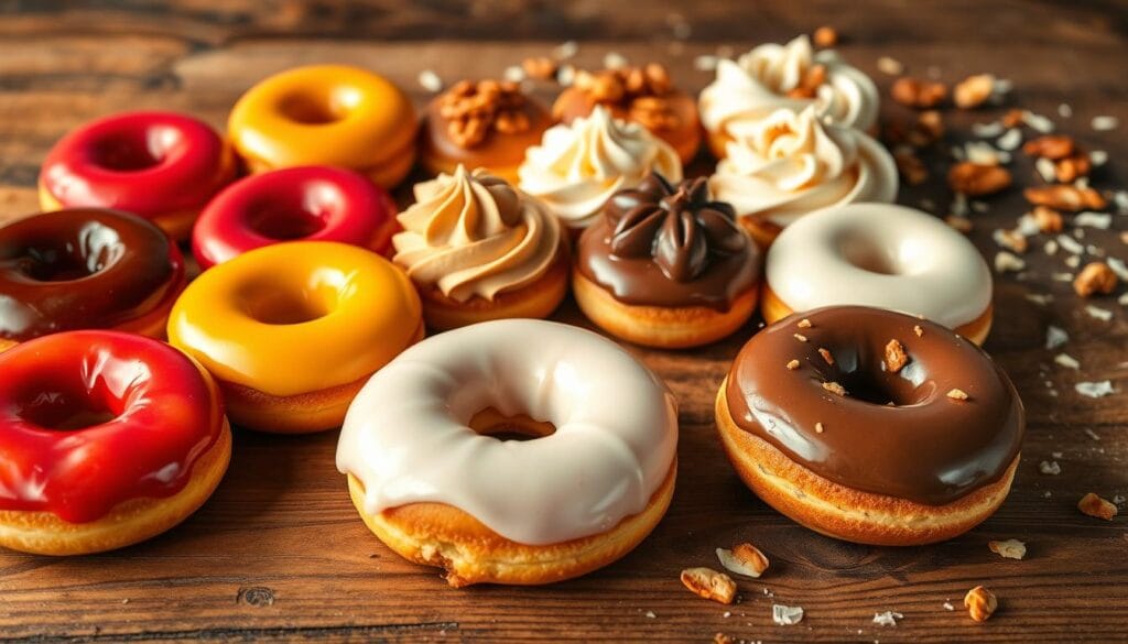 A delightful assortment of gourmet donut flavors, meticulously arranged on a rustic wooden surface. In the foreground, an array of vibrant glazed rings in tempting hues - from the deep burgundy of a rich red velvet to the vibrant citrus notes of a zesty lemon. In the middle ground, a selection of artfully piped frostings, ranging from the creamy swirls of a classic vanilla to the bold contrast of a decadent chocolate. In the background, a scattering of toasted coconut flakes, crunchy praline pieces, and sprinkles of chopped nuts, adding texture and visual interest. The lighting is soft and warm, casting a cozy glow over the scene, inviting the viewer to indulge in the tempting array of flavors. A delightful assortment of gourmet donut flavors, meticulously arranged on a rustic wooden surface. In the foreground, an array of vibrant glazed rings in tempting hues - from the deep burgundy of a rich red velvet to the vibrant citrus notes of a zesty lemon. In the middle ground, a selection of artfully piped frostings, ranging from the creamy swirls of a classic vanilla to the bold contrast of a decadent chocolate. In the background, a scattering of toasted coconut flakes, crunchy praline pieces, and sprinkles of chopped nuts, adding texture and visual interest. The lighting is soft and warm, casting a cozy glow over the scene, inviting the viewer to indulge in the tempting array of flavors.