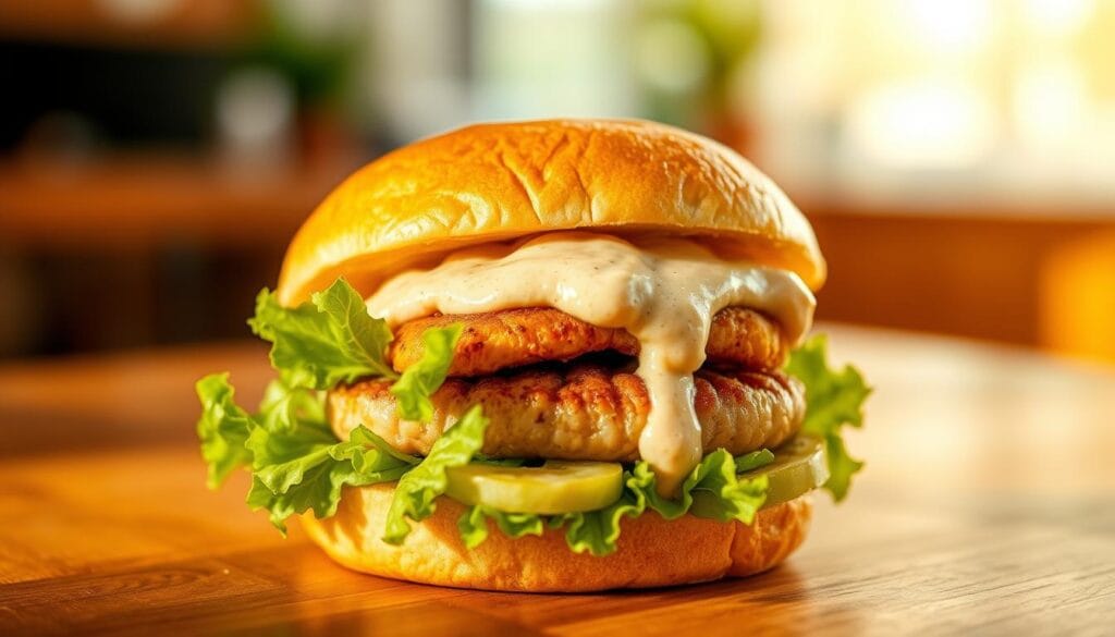 A delightful fish burger with a creamy tuna sauce rests on a wooden table, bathed in warm, natural lighting. The bun is soft and golden, the patty juicy and tender, topped with crisp lettuce and a generous drizzle of the vibrant, emulsified tuna sauce. The sauce's creamy texture and tangy flavor complement the mild, flaky fish perfectly. The entire scene exudes a sense of health and balance, highlighting the nutritional benefits of this gourmet take on a classic sandwich. A shallow depth of field draws the viewer's focus to the mouthwatering burger, creating an appetizing and visually appealing image. A delightful fish burger with a creamy tuna sauce rests on a wooden table, bathed in warm, natural lighting. The bun is soft and golden, the patty juicy and tender, topped with crisp lettuce and a generous drizzle of the vibrant, emulsified tuna sauce. The sauce's creamy texture and tangy flavor complement the mild, flaky fish perfectly. The entire scene exudes a sense of health and balance, highlighting the nutritional benefits of this gourmet take on a classic sandwich. A shallow depth of field draws the viewer's focus to the mouthwatering burger, creating an appetizing and visually appealing image.