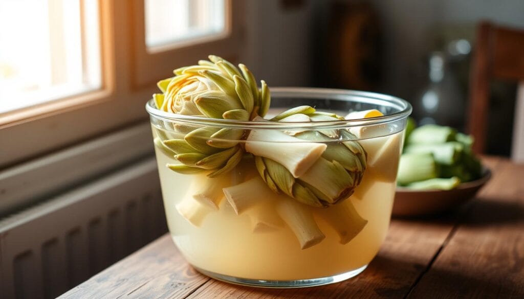 A glass container on a wooden table, filled with fresh artichokes submerged in a translucent liquid, their leaves gently unfurling. The scene is bathed in soft, diffused natural light from a nearby window, creating a warm, inviting atmosphere. The artichokes appear plump and vibrant, hinting at their future use in a hearty Neapolitan-style braise. The table's surface is slightly worn, adding a sense of rustic charm to the composition. The overall impression is one of thoughtful storage and preservation, a prelude to the flavorful dish to come. A glass container on a wooden table, filled with fresh artichokes submerged in a translucent liquid, their leaves gently unfurling. The scene is bathed in soft, diffused natural light from a nearby window, creating a warm, inviting atmosphere. The artichokes appear plump and vibrant, hinting at their future use in a hearty Neapolitan-style braise. The table's surface is slightly worn, adding a sense of rustic charm to the composition. The overall impression is one of thoughtful storage and preservation, a prelude to the flavorful dish to come.