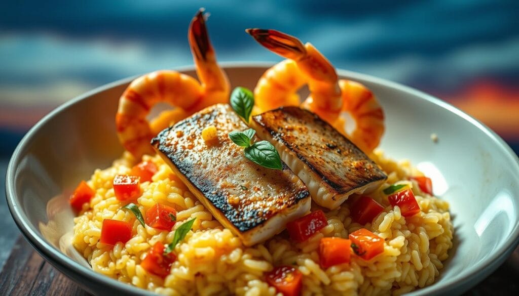 A meticulously crafted seafood risotto, adorned with pan-seared swordfish steaks and plump, juicy shrimp. The creamy Arborio rice is infused with the essence of saffron, its vibrant hue mirroring the sunset-tinged sky beyond. Delicate ribbons of fresh basil and diced tomatoes add pops of color and flavor, complementing the succulent seafood. Dramatic high-key lighting casts dramatic shadows, highlighting the intricate textures and glistening surfaces. The composition is balanced, with the swordfish and shrimp taking center stage, surrounded by the lush, risotto-filled bowl. An elegant, restaurant-worthy dish, inviting the viewer to savor the harmonious blend of maritime and citrus notes. A meticulously crafted seafood risotto, adorned with pan-seared swordfish steaks and plump, juicy shrimp. The creamy Arborio rice is infused with the essence of saffron, its vibrant hue mirroring the sunset-tinged sky beyond. Delicate ribbons of fresh basil and diced tomatoes add pops of color and flavor, complementing the succulent seafood. Dramatic high-key lighting casts dramatic shadows, highlighting the intricate textures and glistening surfaces. The composition is balanced, with the swordfish and shrimp taking center stage, surrounded by the lush, risotto-filled bowl. An elegant, restaurant-worthy dish, inviting the viewer to savor the harmonious blend of maritime and citrus notes.