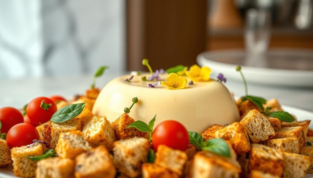 A modern interpretation of the classic Tuscan panzanella salad, presented as a visually striking dessert. In the foreground, a neat arrangement of rustic bread cubes in shades of golden brown, accented with vibrant red tomato spheres and fresh green basil leaves. The middle ground features a creamy, silky panna cotta-like custard, infused with the essence of balsamic vinegar and honey. Delicate edible flowers, such as nasturtiums and borage, dot the composition, adding a delicate, almost ethereal touch. The background is hazy and out of focus, suggesting a setting of a minimalist, high-end restaurant, with hints of white marble and polished wood surfaces. The lighting is soft and diffused, casting a warm, inviting glow over the artfully arranged dessert. The overall impression is one of a harmonious balance between the traditional flavors of panzanella and the modern, elevated presentation. A modern interpretation of the classic Tuscan panzanella salad, presented as a visually striking dessert. In the foreground, a neat arrangement of rustic bread cubes in shades of golden brown, accented with vibrant red tomato spheres and fresh green basil leaves. The middle ground features a creamy, silky panna cotta-like custard, infused with the essence of balsamic vinegar and honey. Delicate edible flowers, such as nasturtiums and borage, dot the composition, adding a delicate, almost ethereal touch. The background is hazy and out of focus, suggesting a setting of a minimalist, high-end restaurant, with hints of white marble and polished wood surfaces. The lighting is soft and diffused, casting a warm, inviting glow over the artfully arranged dessert. The overall impression is one of a harmonious balance between the traditional flavors of panzanella and the modern, elevated presentation.
