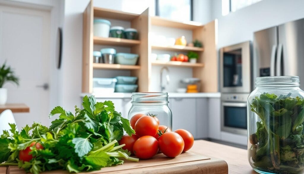 A modern, minimalist kitchen interior with natural light streaming in through large windows. In the foreground, a wooden cutting board is filled with fresh produce - ripe tomatoes, crisp lettuce leaves, and vibrant herbs. A glass jar filled with vegetable scraps sits nearby, ready for composting. In the middle ground, an open cabinet showcases a variety of reusable storage containers, reflecting the homeowner's commitment to reducing kitchen waste. The background features clean, white walls and sleek, stainless-steel appliances, creating an atmosphere of efficiency and eco-consciousness. The overall scene conveys a sense of harmony, where mindful food preparation and waste management are integral to the kitchen's design. A modern, minimalist kitchen interior with natural light streaming in through large windows. In the foreground, a wooden cutting board is filled with fresh produce - ripe tomatoes, crisp lettuce leaves, and vibrant herbs. A glass jar filled with vegetable scraps sits nearby, ready for composting. In the middle ground, an open cabinet showcases a variety of reusable storage containers, reflecting the homeowner's commitment to reducing kitchen waste. The background features clean, white walls and sleek, stainless-steel appliances, creating an atmosphere of efficiency and eco-consciousness. The overall scene conveys a sense of harmony, where mindful food preparation and waste management are integral to the kitchen's design.