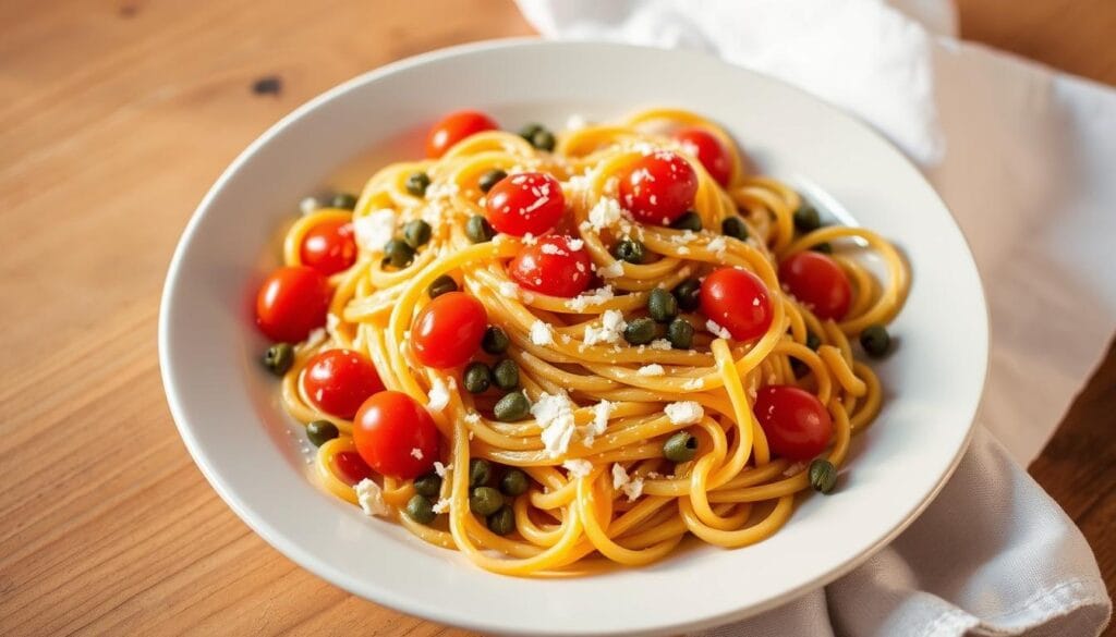 A plate of leftover pasta with cherry tomatoes, capers, and a sprinkle of parmesan cheese. The pasta is slightly twirled, with the tomatoes and capers scattered throughout, creating a colorful and appetizing arrangement. The lighting is soft and warm, casting a gentle glow on the dish. The plate is set on a wooden table, with a simple white napkin or cloth in the background, adding a rustic, homey feel. The composition is balanced and inviting, highlighting the vibrant colors and textures of the ingredients, making it an enticing representation of the "Tips for Leftovers" section of the article. A plate of leftover pasta with cherry tomatoes, capers, and a sprinkle of parmesan cheese. The pasta is slightly twirled, with the tomatoes and capers scattered throughout, creating a colorful and appetizing arrangement. The lighting is soft and warm, casting a gentle glow on the dish. The plate is set on a wooden table, with a simple white napkin or cloth in the background, adding a rustic, homey feel. The composition is balanced and inviting, highlighting the vibrant colors and textures of the ingredients, making it an enticing representation of the "Tips for Leftovers" section of the article.
