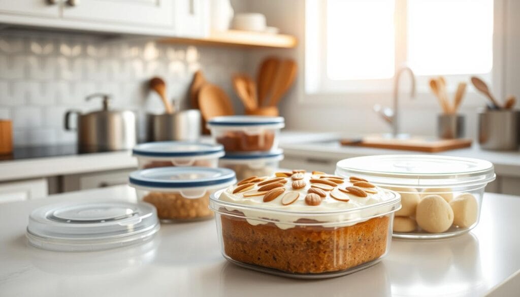 A pristine white kitchen counter, its surface adorned with an elegant Mantuan cake, meticulously frosted and garnished with sliced almonds. In the foreground, a set of airtight containers, their lids sealed to preserve the cake's soft, moist texture. Soft, natural lighting filters in through a nearby window, casting a warm glow over the scene. In the background, subtle hints of baking utensils and ingredients suggest a well-equipped kitchen, ready to accommodate the proper storage and enjoyment of this authentic Mantuan delicacy. A pristine white kitchen counter, its surface adorned with an elegant Mantuan cake, meticulously frosted and garnished with sliced almonds. In the foreground, a set of airtight containers, their lids sealed to preserve the cake's soft, moist texture. Soft, natural lighting filters in through a nearby window, casting a warm glow over the scene. In the background, subtle hints of baking utensils and ingredients suggest a well-equipped kitchen, ready to accommodate the proper storage and enjoyment of this authentic Mantuan delicacy.