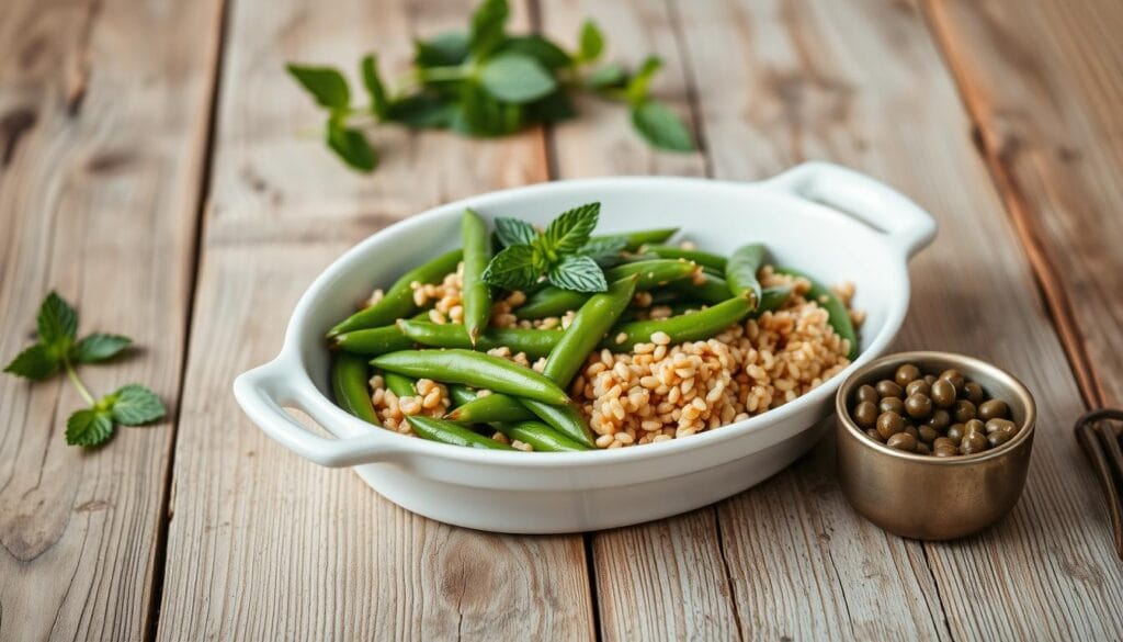 A rustic wooden table, bathed in soft, natural lighting, serves as the stage for a delectable arrangement. In the foreground, a white ceramic dish overflows with sautéed broad beans, their vibrant green hues glistening. Scattered amidst the beans, whole grains such as farro or barley add a hearty, nutty texture. The composition is further enhanced by the presence of fresh mint leaves, their verdant tones providing a refreshing contrast. Positioned alongside, a small ramekin holds a sprinkle of capers, their briny tang promising to elevate the flavors. The overall scene exudes a sense of simplicity and wholesome goodness, inviting the viewer to savor this nourishing vegetable dish. A rustic wooden table, bathed in soft, natural lighting, serves as the stage for a delectable arrangement. In the foreground, a white ceramic dish overflows with sautéed broad beans, their vibrant green hues glistening. Scattered amidst the beans, whole grains such as farro or barley add a hearty, nutty texture. The composition is further enhanced by the presence of fresh mint leaves, their verdant tones providing a refreshing contrast. Positioned alongside, a small ramekin holds a sprinkle of capers, their briny tang promising to elevate the flavors. The overall scene exudes a sense of simplicity and wholesome goodness, inviting the viewer to savor this nourishing vegetable dish.