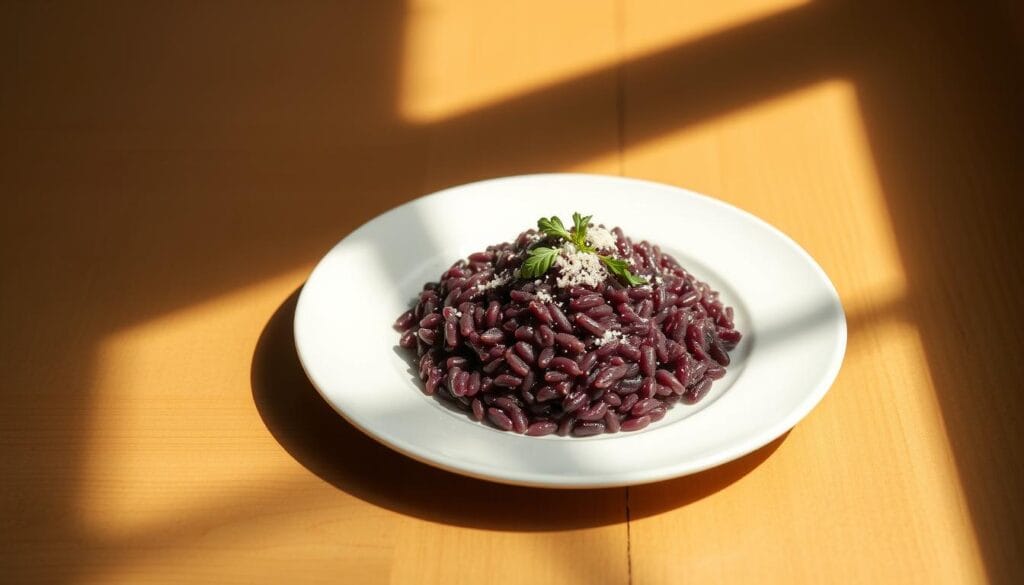 A savory licorice risotto nestled on a white porcelain plate, the grains glistening with a creamy texture. Fresh herbs and a sprinkle of grated parmesan crown the dish, casting long shadows under a warm, soft-focused light. The risotto's deep purple hue, achieved through the use of licorice root, creates a visually striking and elegant presentation. In the background, a simple wooden table with a natural grain provides a rustic yet refined backdrop, emphasizing the dish's gourmet qualities. The overall composition evokes a sense of culinary sophistication and the unexpected delights of combining licorice with the umami flavors of the risotto. A savory licorice risotto nestled on a white porcelain plate, the grains glistening with a creamy texture. Fresh herbs and a sprinkle of grated parmesan crown the dish, casting long shadows under a warm, soft-focused light. The risotto's deep purple hue, achieved through the use of licorice root, creates a visually striking and elegant presentation. In the background, a simple wooden table with a natural grain provides a rustic yet refined backdrop, emphasizing the dish's gourmet qualities. The overall composition evokes a sense of culinary sophistication and the unexpected delights of combining licorice with the umami flavors of the risotto.