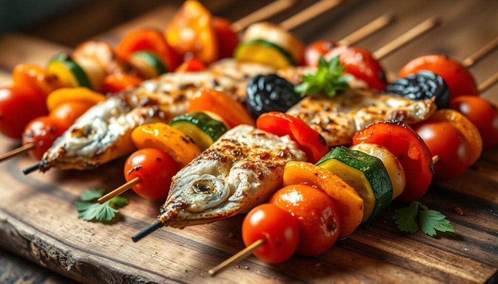 A tantalizing display of baked fish skewers and vibrant vegetables, artfully arranged on a rustic wooden board. The fish, tender and flaky, is interspersed with colorful bell peppers, zucchini, and cherry tomatoes, all roasted to perfection, emitting a mouthwatering aroma. Warm, golden-brown hues from the baking process bathe the scene, creating a cozy, inviting atmosphere. The skewers are angled just so, highlighting the appetizing layers of flavors and textures. Soft, diffused lighting illuminates the dish, casting subtle shadows that accentuate the dish's depth and dimension. The overall composition is visually balanced, drawing the eye to the centerpiece of the baked fish and vegetables, ready to be savored. A tantalizing display of baked fish skewers and vibrant vegetables, artfully arranged on a rustic wooden board. The fish, tender and flaky, is interspersed with colorful bell peppers, zucchini, and cherry tomatoes, all roasted to perfection, emitting a mouthwatering aroma. Warm, golden-brown hues from the baking process bathe the scene, creating a cozy, inviting atmosphere. The skewers are angled just so, highlighting the appetizing layers of flavors and textures. Soft, diffused lighting illuminates the dish, casting subtle shadows that accentuate the dish's depth and dimension. The overall composition is visually balanced, drawing the eye to the centerpiece of the baked fish and vegetables, ready to be savored.